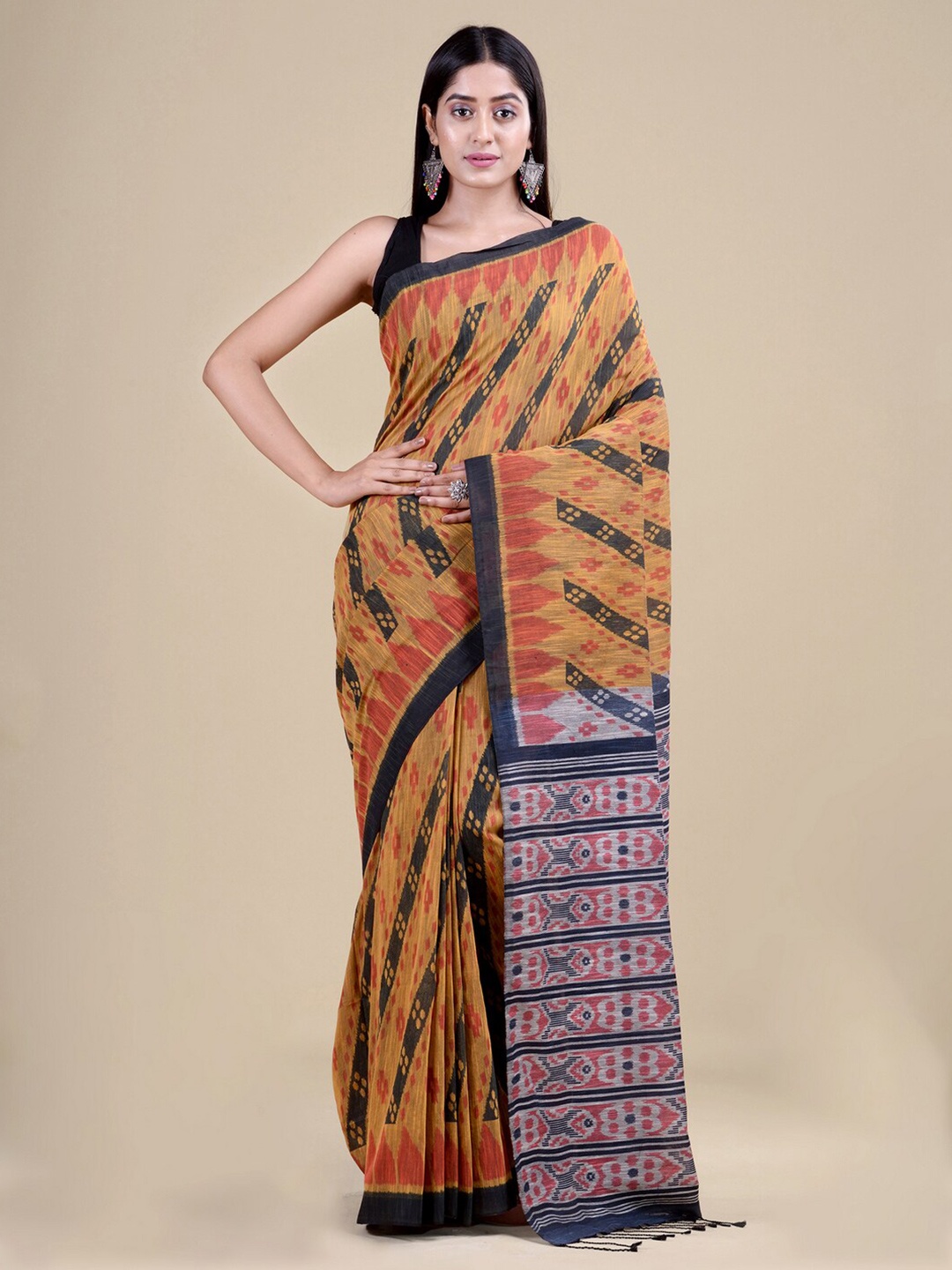 

Laa Calcutta Mustard & Blue Woven Design Jute Silk Jamdani Saree