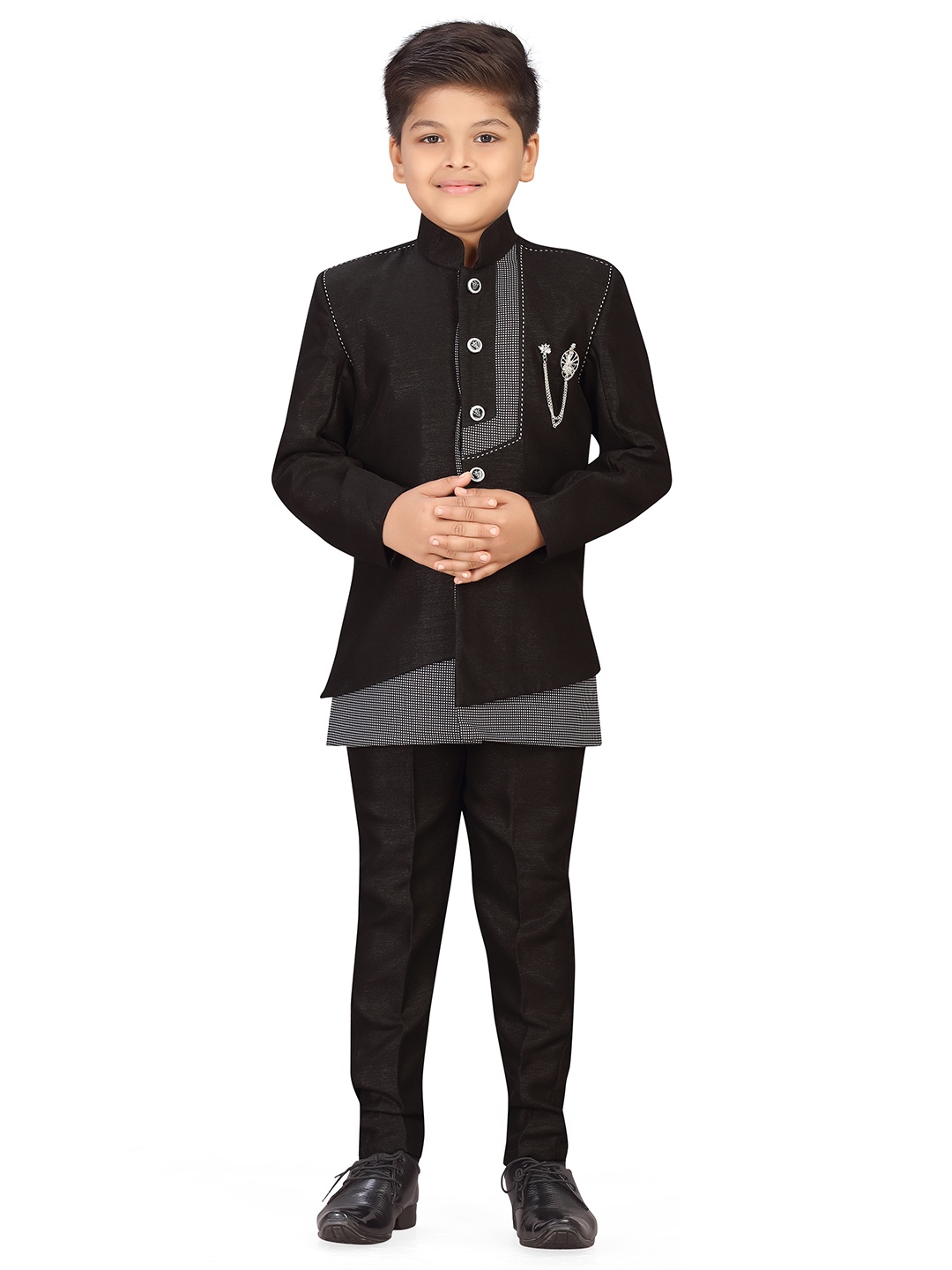 

Aj DEZInES Boys Black Printed Indo Western Sherwani