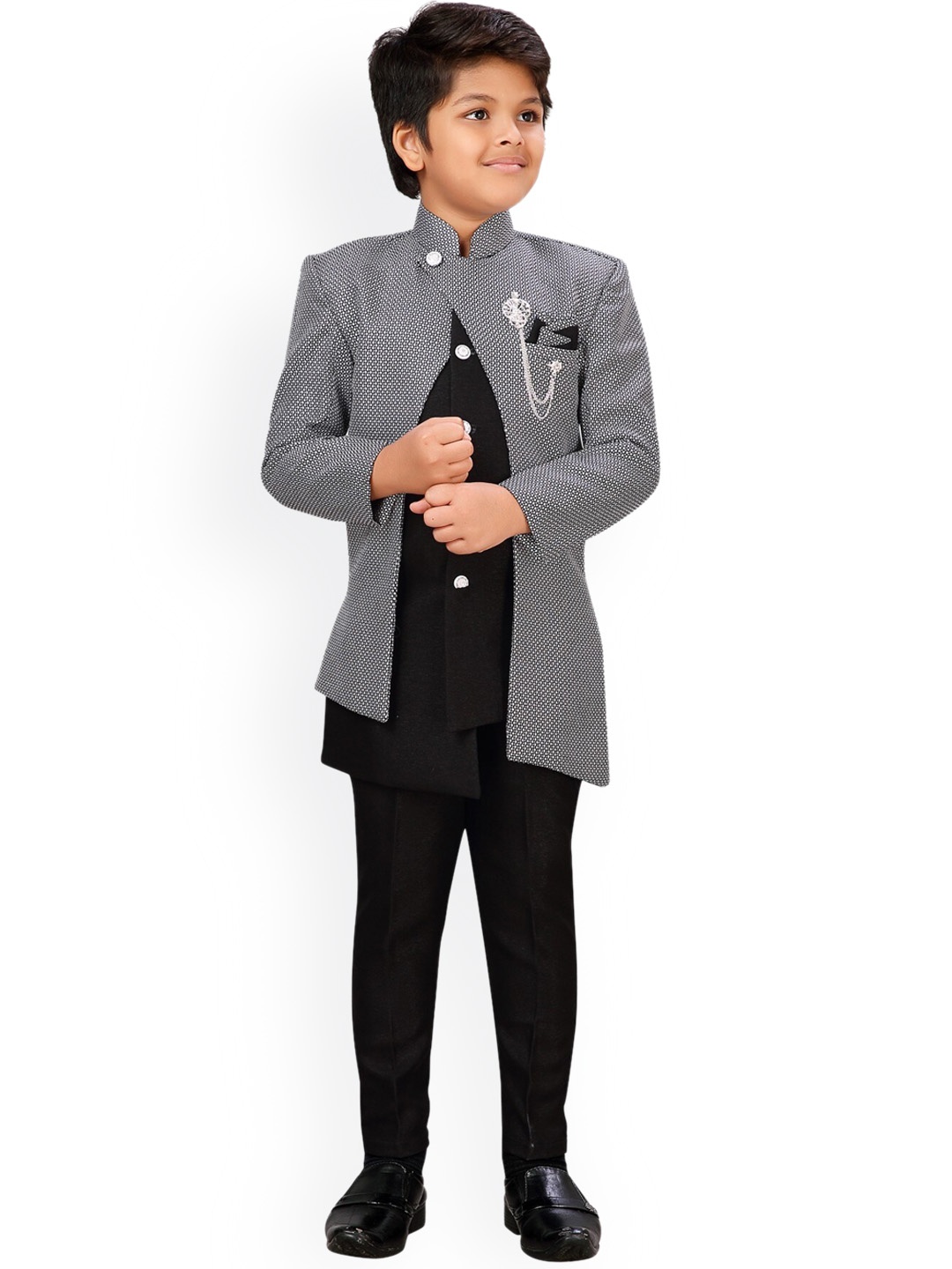 

Aj DEZInES Boys Black & White Indo Western Sherwani Set
