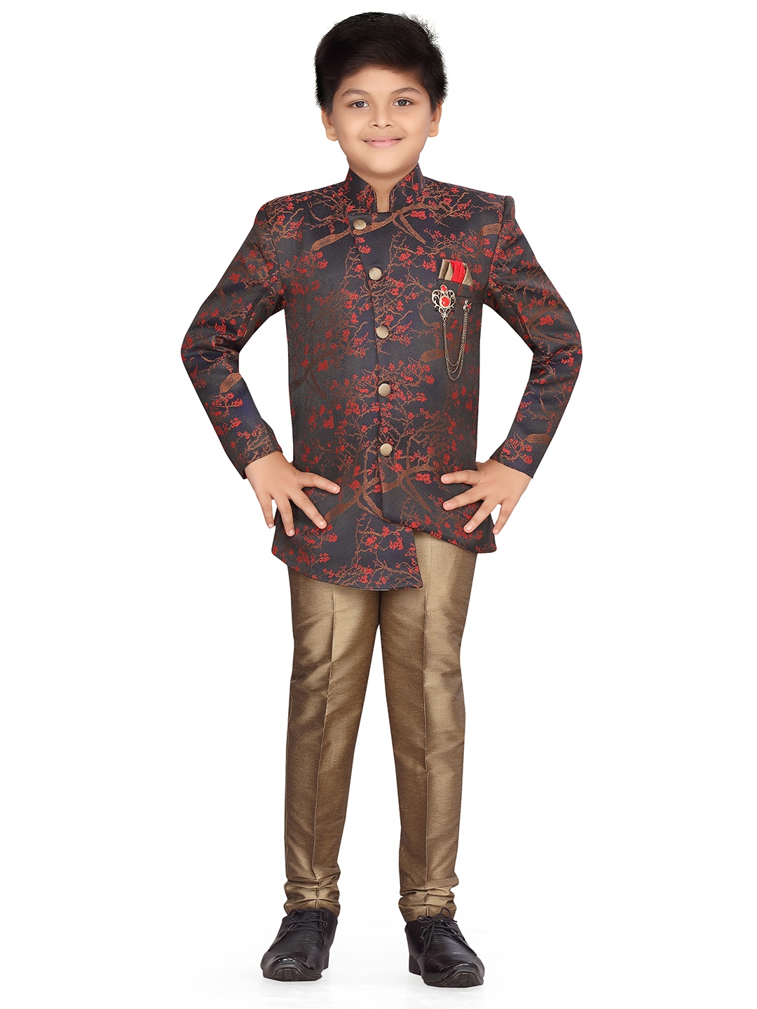 

Aj DEZInES Boys Red & Golden Silk Blend Sherwani Set