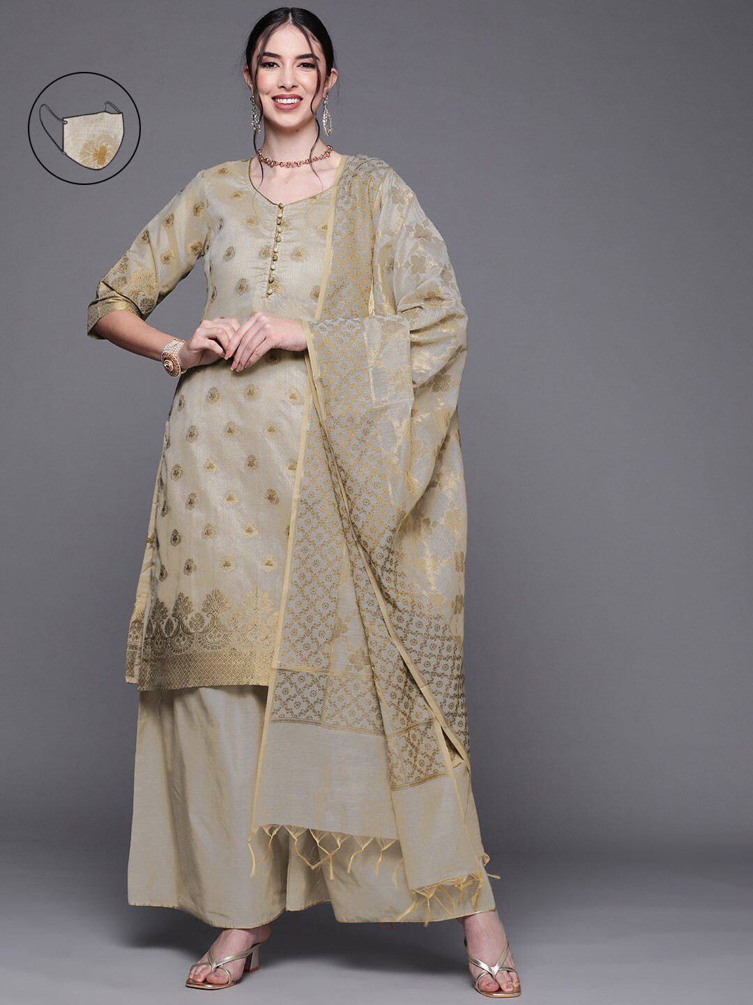 

Chhabra 555 Women Grey Ethnic Motifs Chanderi Silk Kurta with Palazzos & With Dupatta