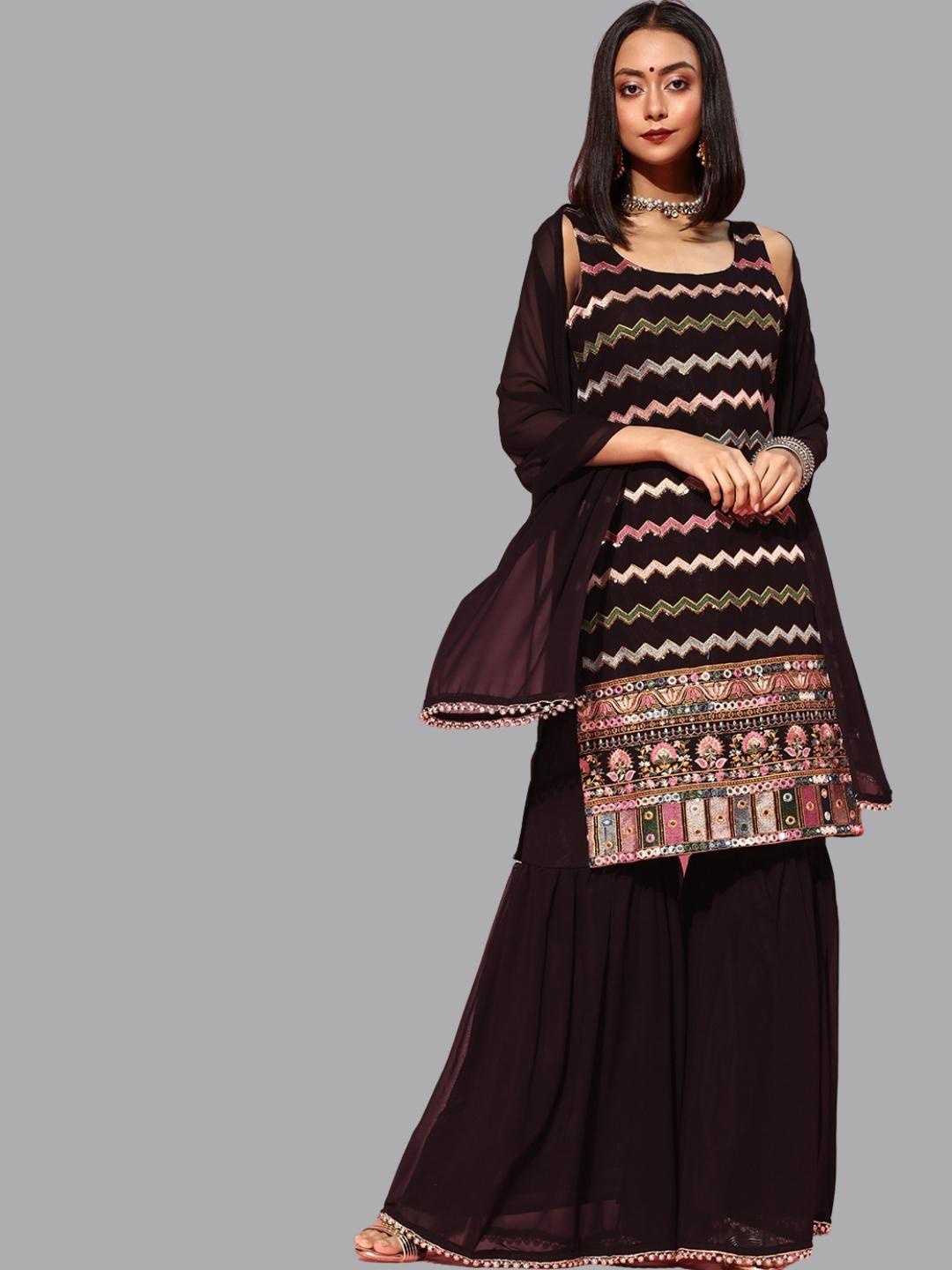 

Chhabra 555 Women Burgundy Empire Kurta with Skirt & With Dupatta