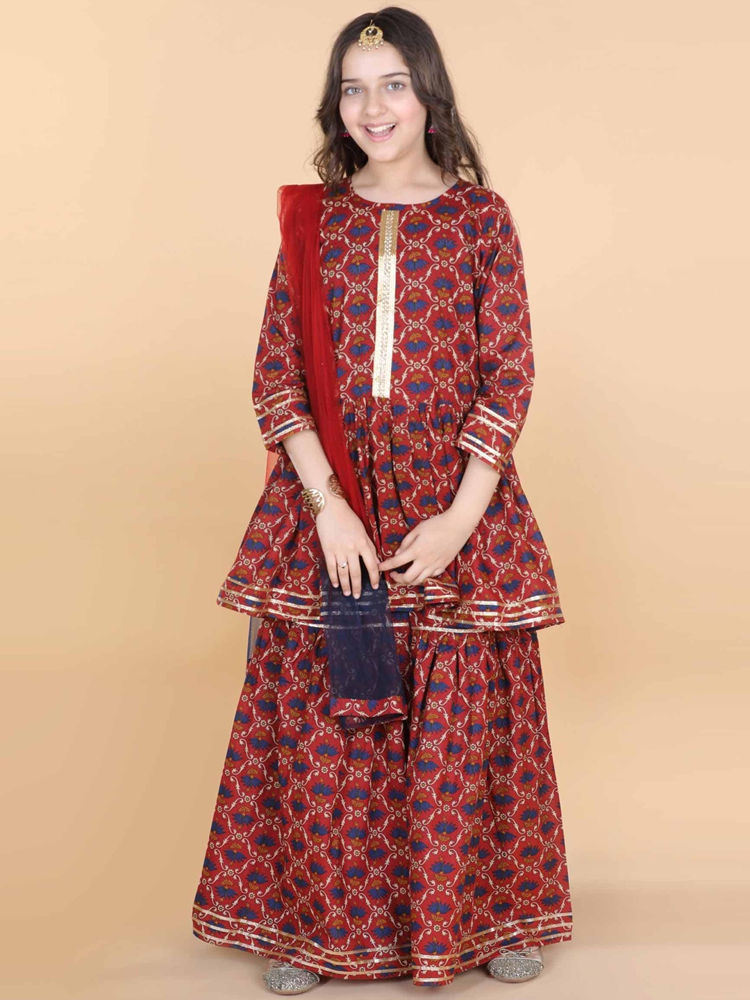 

ADIVA Girls Maroon Ethnic Motifs Embroidered Empire Kurti with Sharara & Dupattta