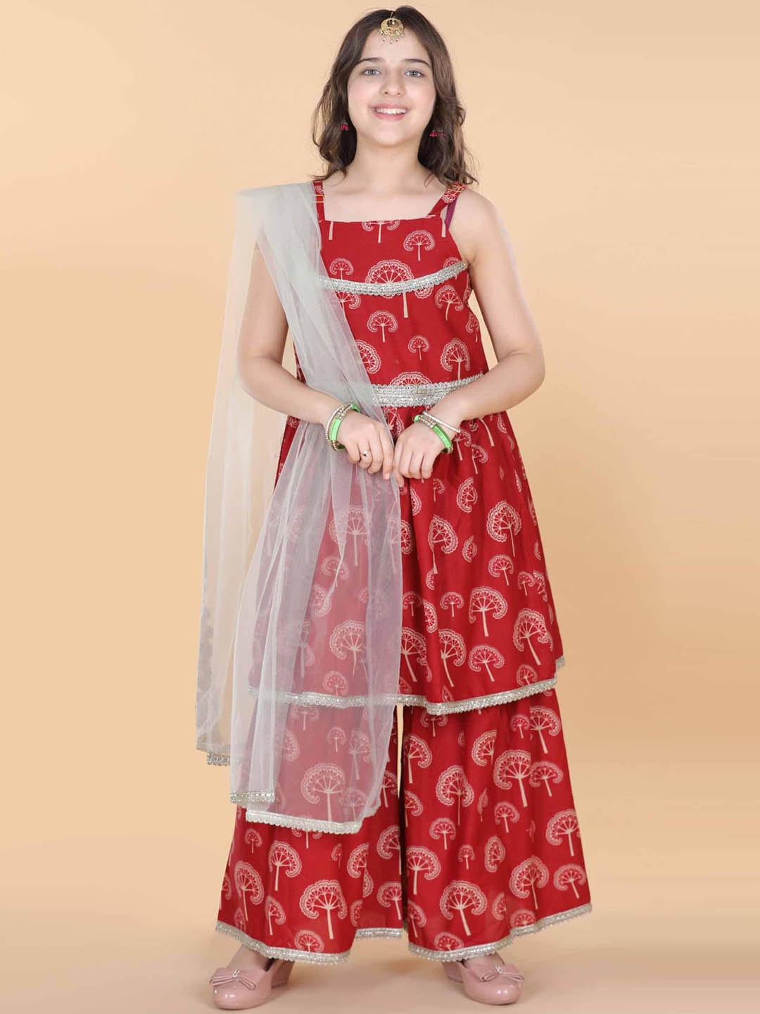 

ADIVA Girls Red Embroidered Panelled Pure Cotton Kurti with Sharara & With Dupatta