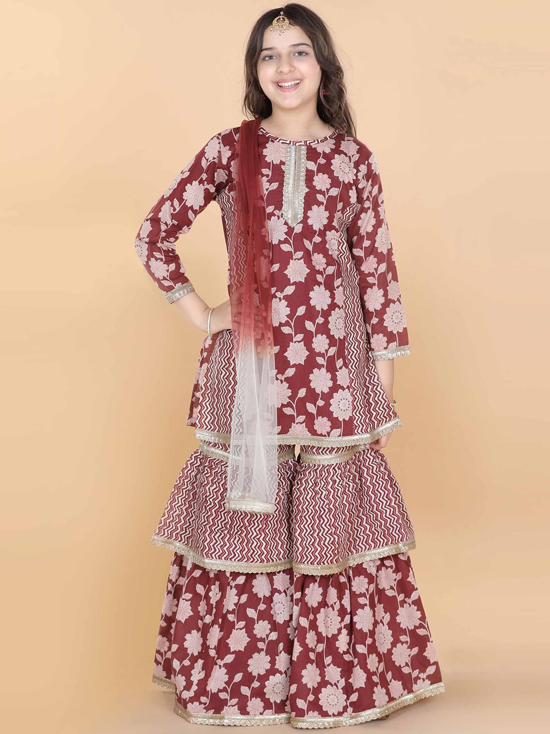 

ADIVA Girls Maroon Paisley Empire Gotta Patti Pure Cotton Kurti with Sharara & With Dupatta