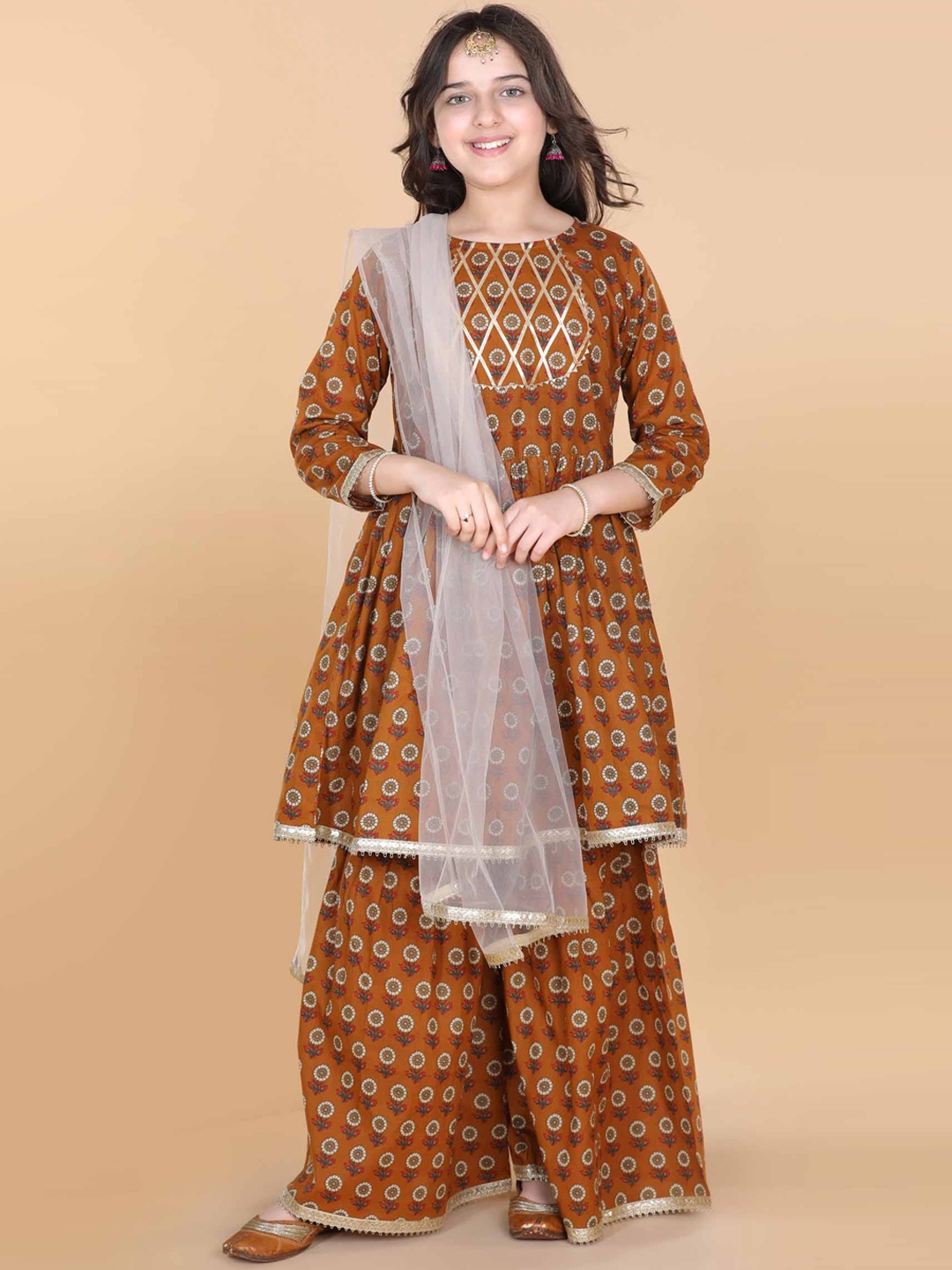 

ADIVA Girls Rust Floral Panelled Pure Cotton Kurti with Sharara & With Dupatta