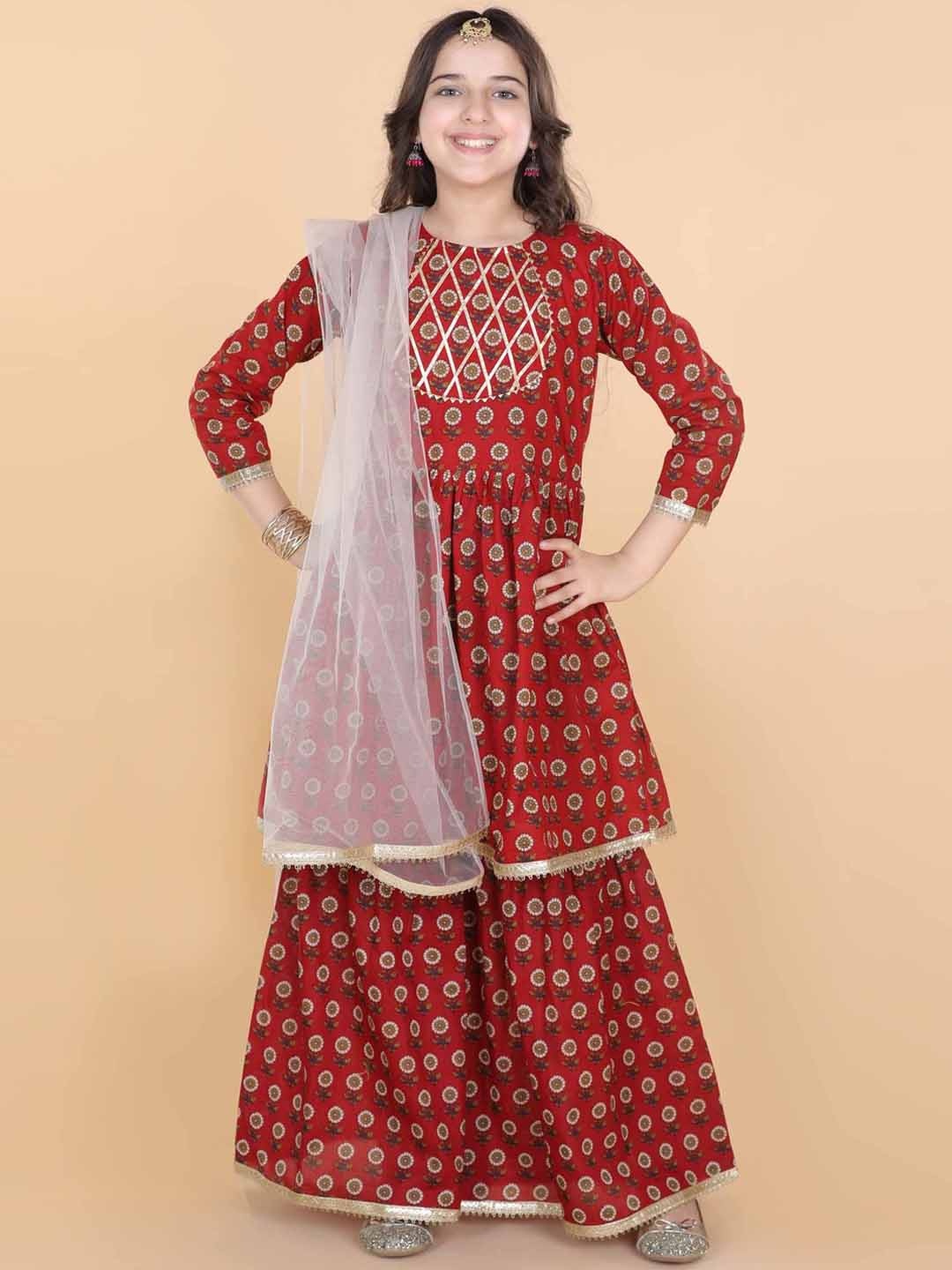 

ADIVA Girls Maroon Panelled Gotta Patti Pure Cotton Kurti with Skirt & With Dupatta