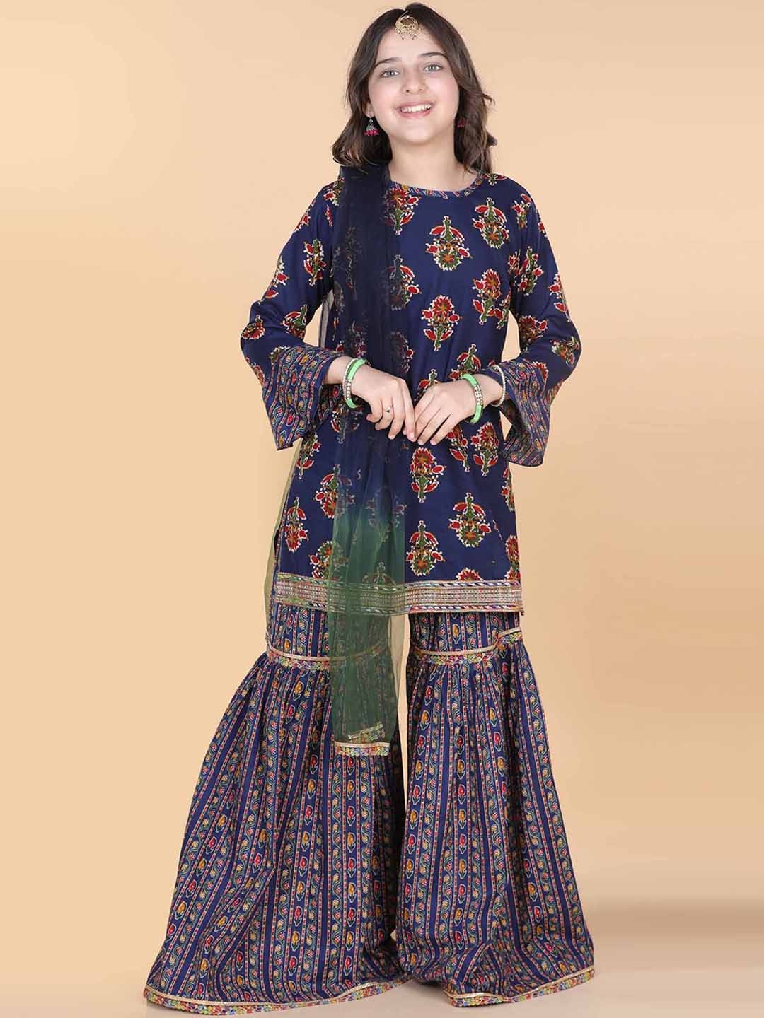 

ADIVA Girls Blue Ethnic Motifs Printed Pure Cotton Kurti with Sharara & With Dupatta