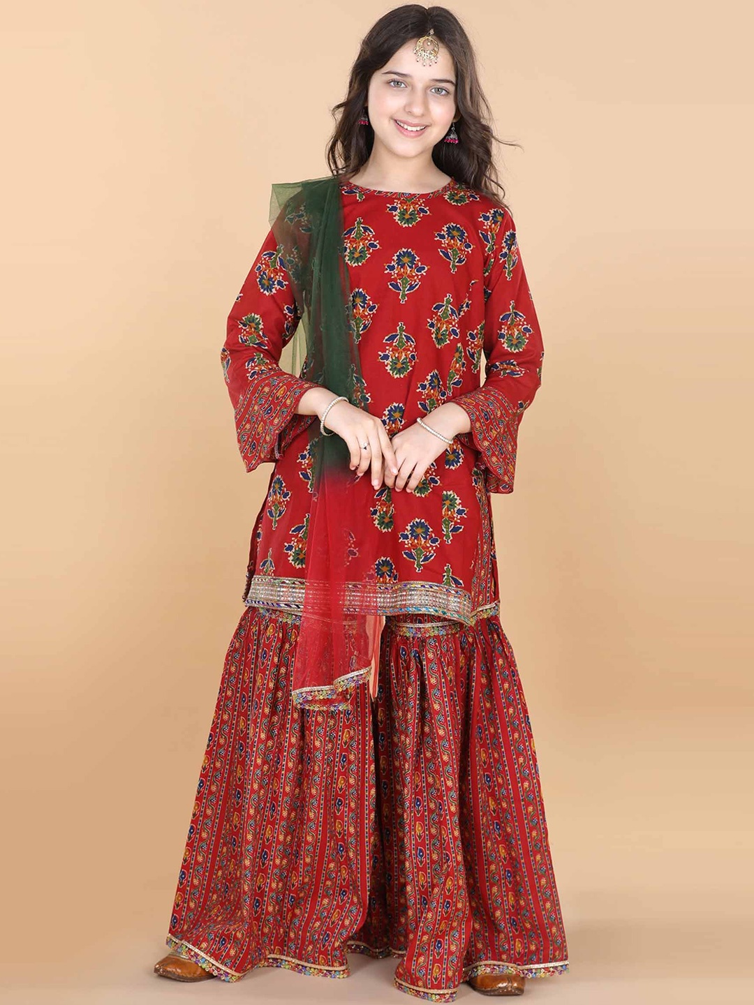 

ADIVA Girls Maroon Ethnic Motifs Printed Pure Cotton Kurta with Sharara & With Dupatta