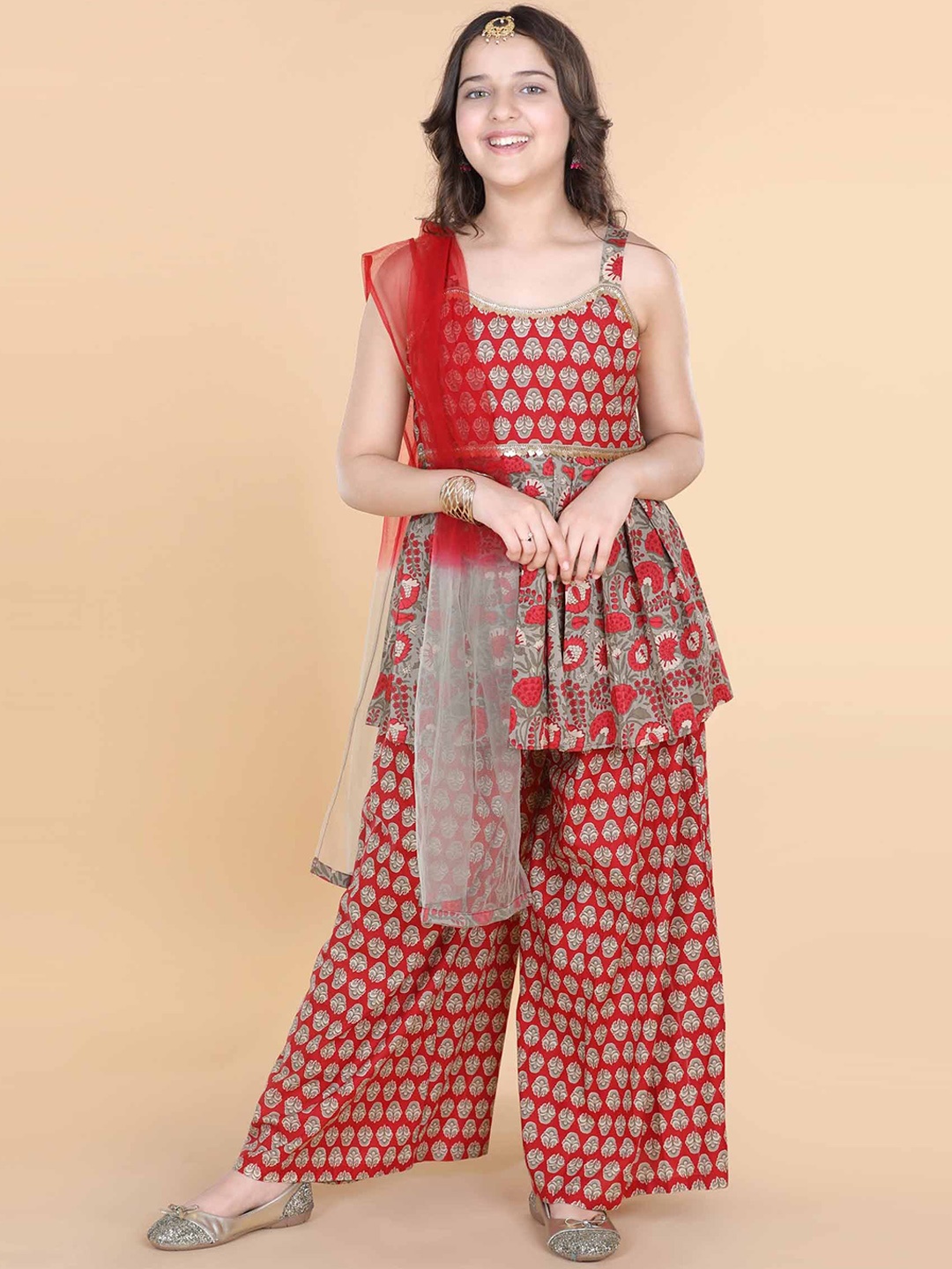 

ADIVA Girls Red Floral Printed Pleated Pure Cotton Kurti with Palazzos & With Dupatta