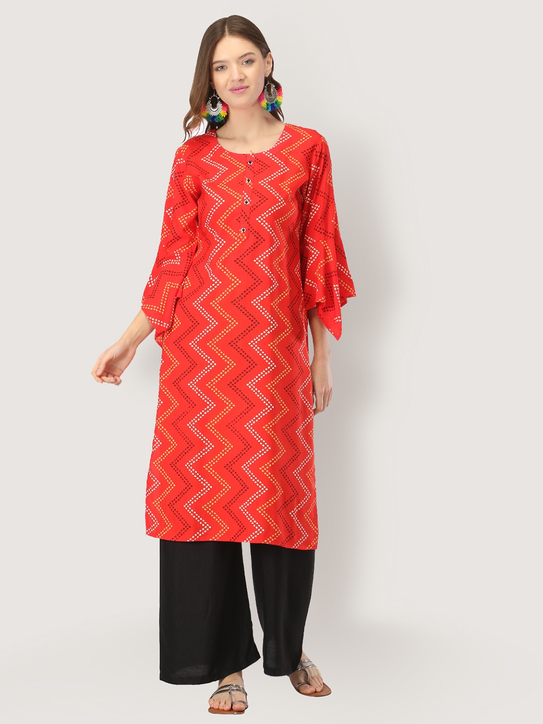 

FEMMIBELLA Red Bandhani Printed Flared Sleeves Kurti