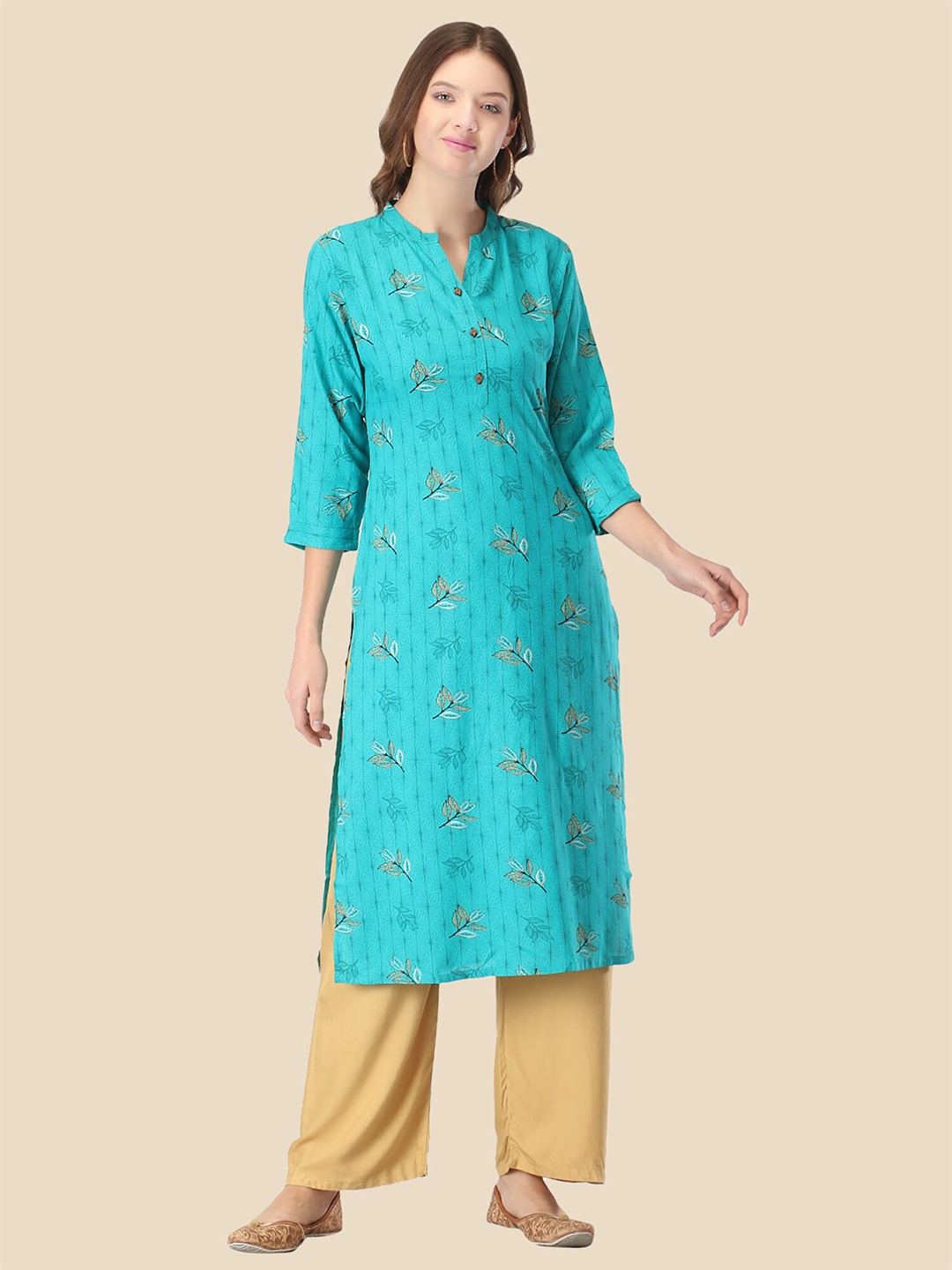 

FEMMIBELLA Turquoise Blue Floral Printed Mandarin Collar Straight Kurti