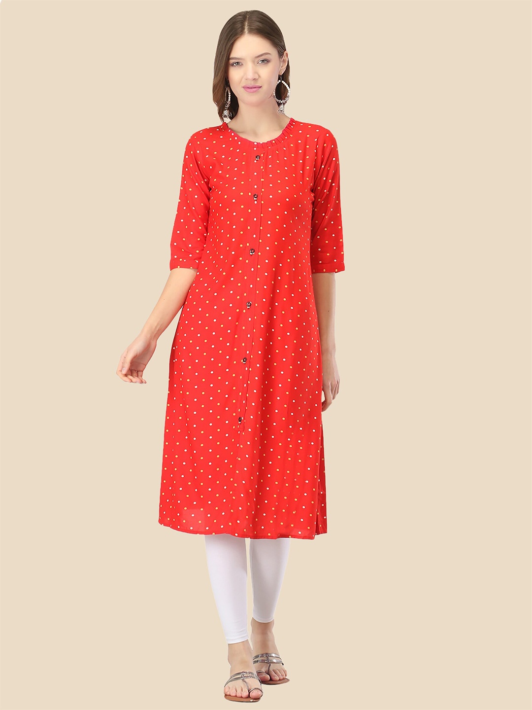

FEMMIBELLA Women Red & White Geometric Printed Kurta