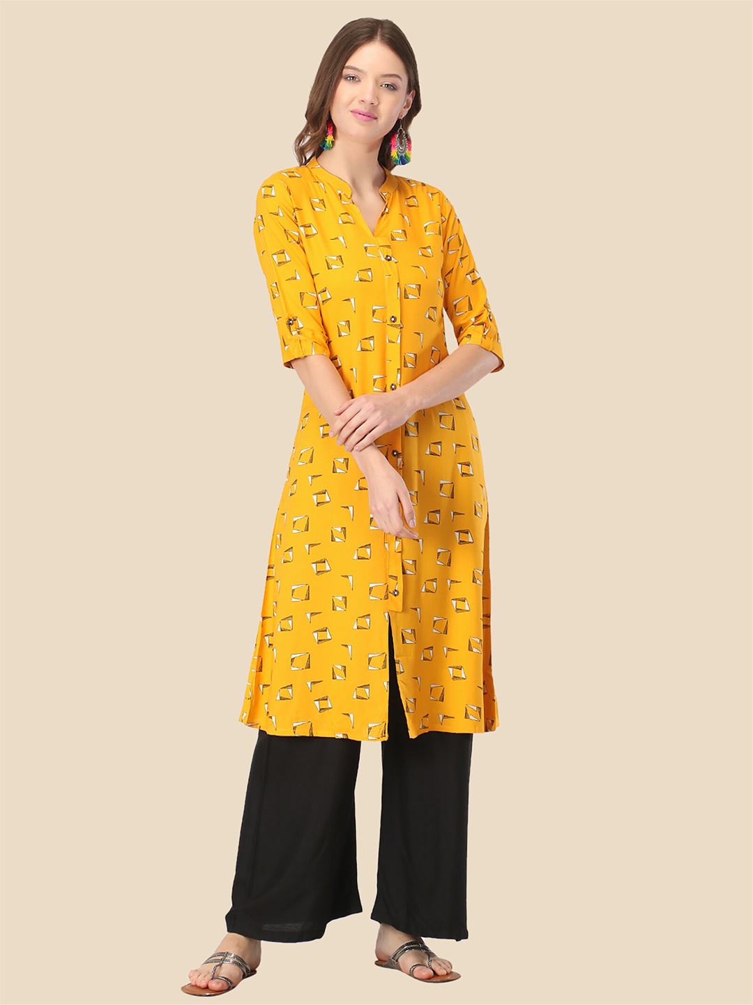 

FEMMIBELLA Women Mustard Yellow Geometric Printed Kurta