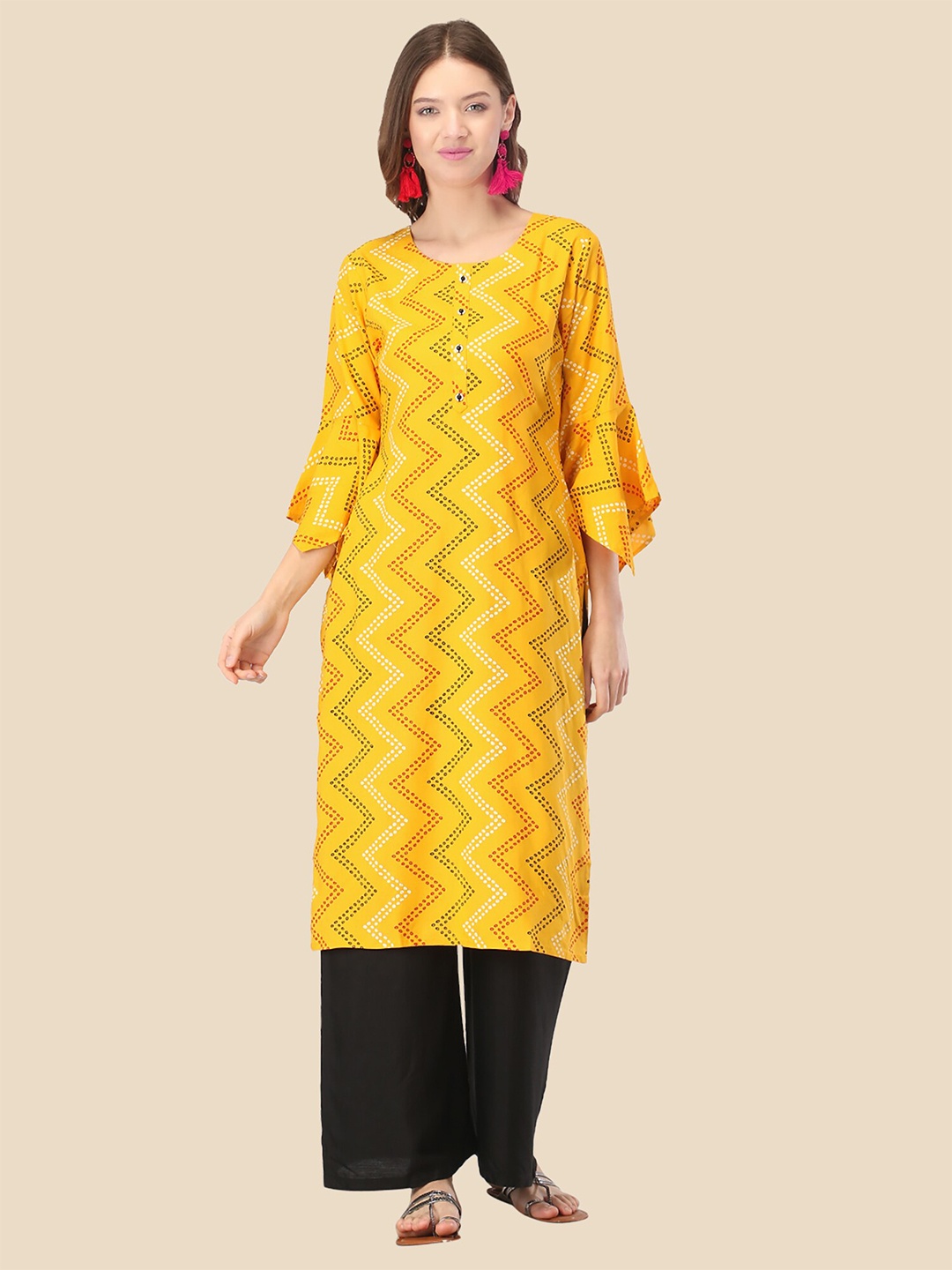 

FEMMIBELLA Women Yellow Geometric Printed Flared Sleeves Kurta
