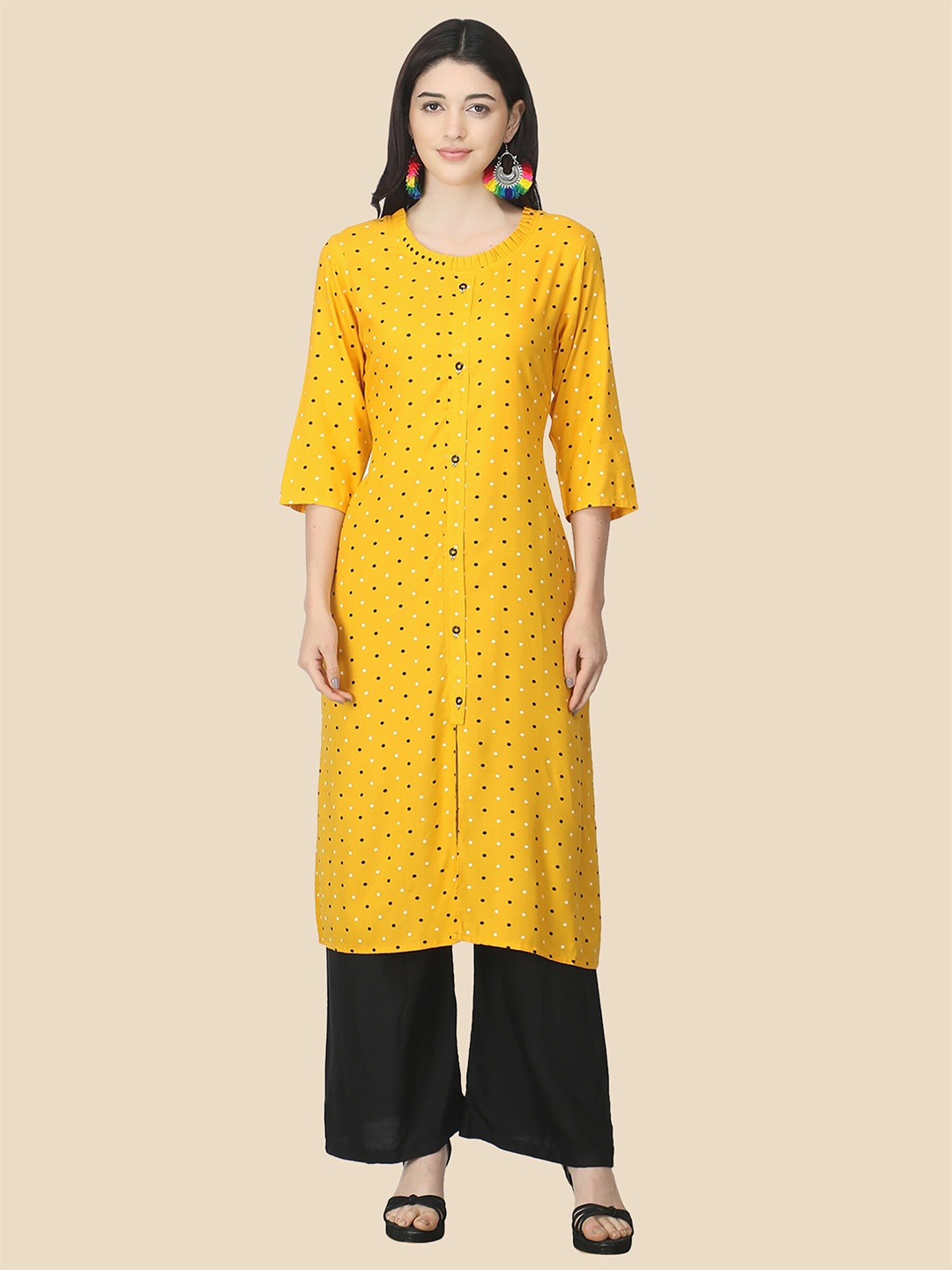 

FEMMIBELLA Women Yellow & Black Printed Cotton Straight Kurta