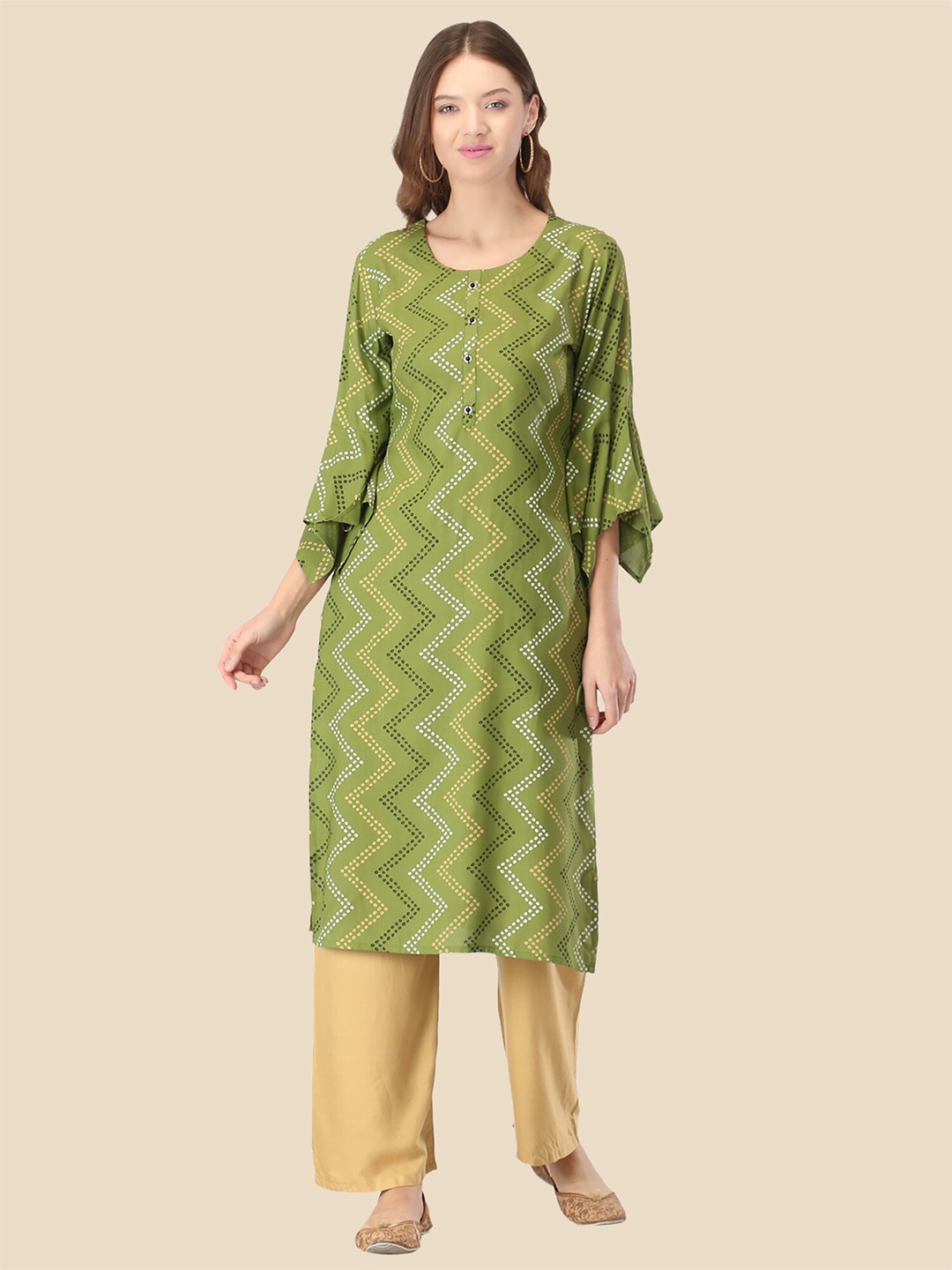 

FEMMIBELLA Women Green & Beige Geometric Printed Bell Sleeves Pastels Kurta