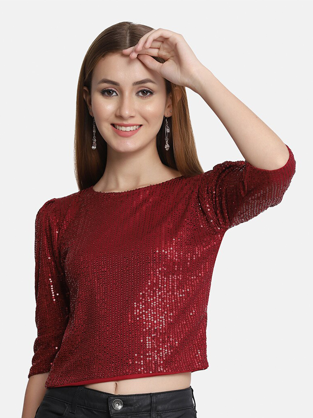 

BUY NEW TREND Maroon Self Design Sequined Regular Top