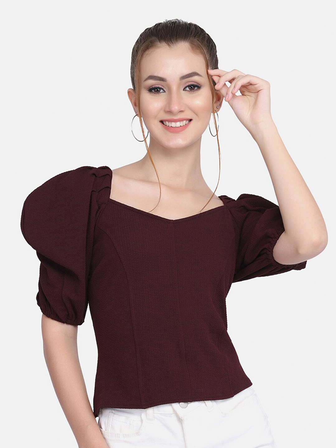 

BUY NEW TREND Brown Solid Sweetheart Neck Puff Sleeves Regular Top