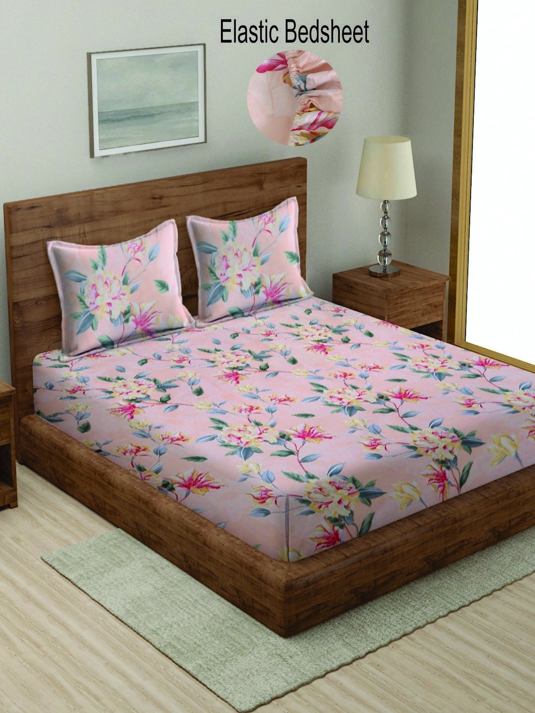 

KLOTTHE Floral Print 300 TC Fitted Super King Bedsheet with 2 Pillow Covers, Pink