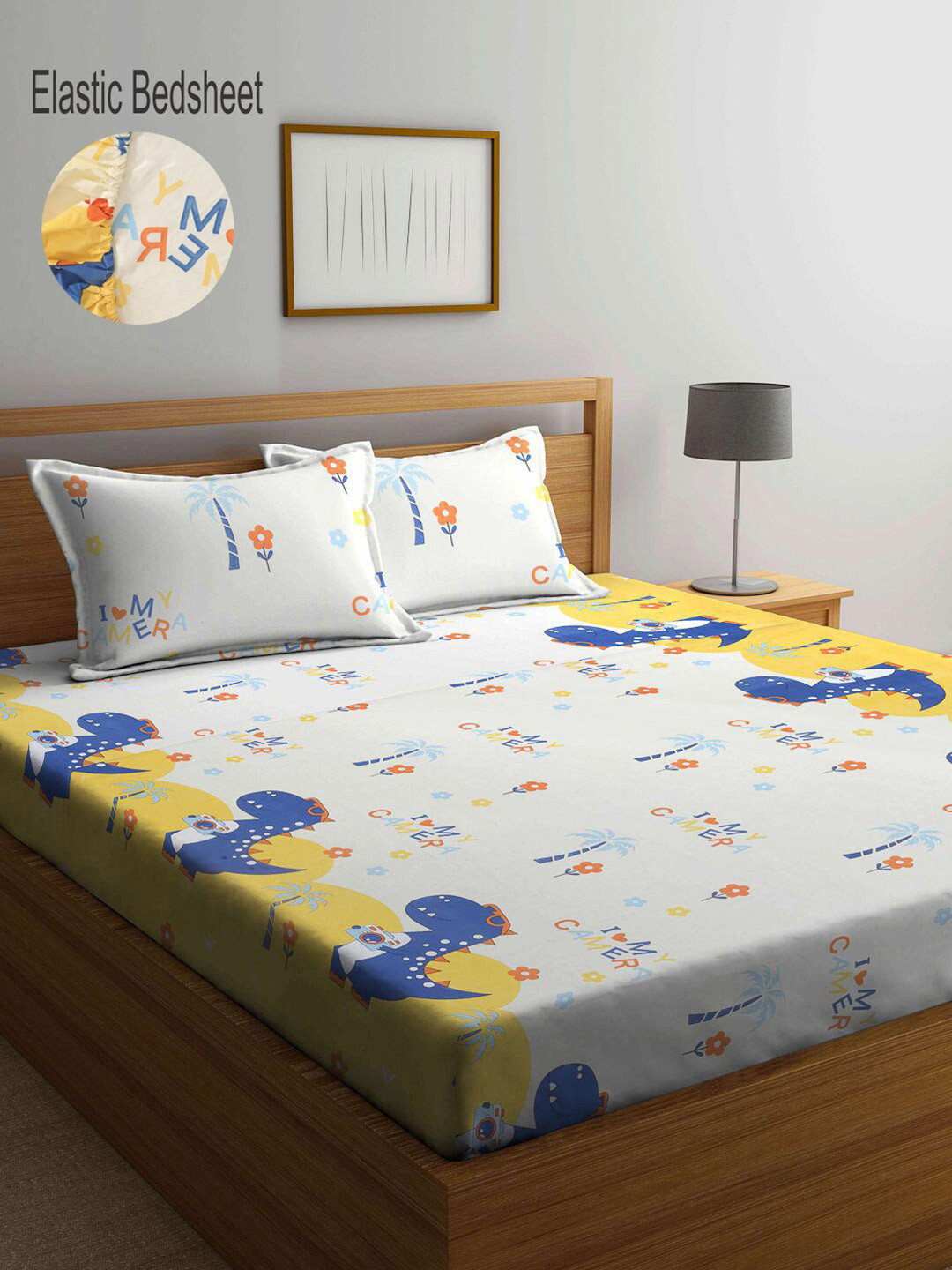 

KLOTTHE Unisex Kids Cartoon Characters 300 TC Fitted King Bedsheet with 2 Pillow Covers, White