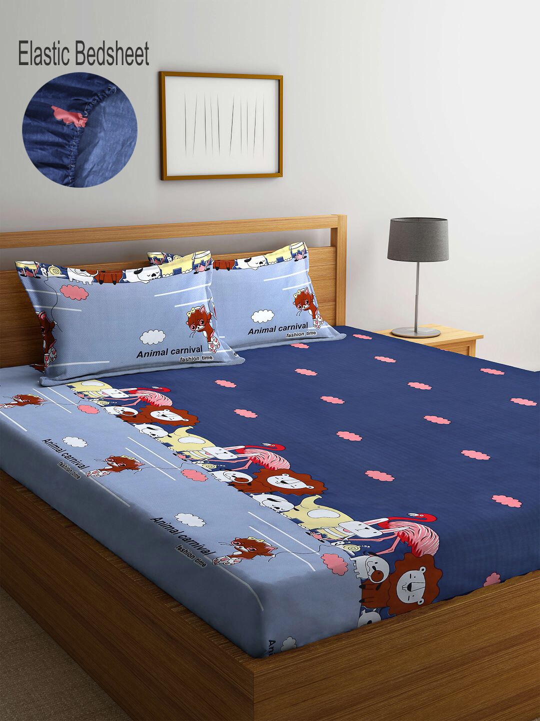 

KLOTTHE Blue & Pink Cartoon Characters 300 TC Fitted King Bedsheet with 2 Pillow Covers