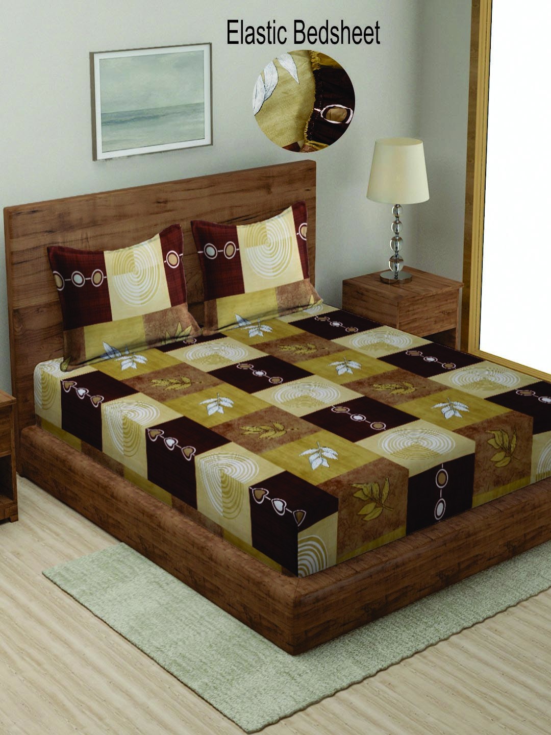 

KLOTTHE Geometric Printed 300 TC Fitted King Bedsheet with 2 Pillow Covers, Brown