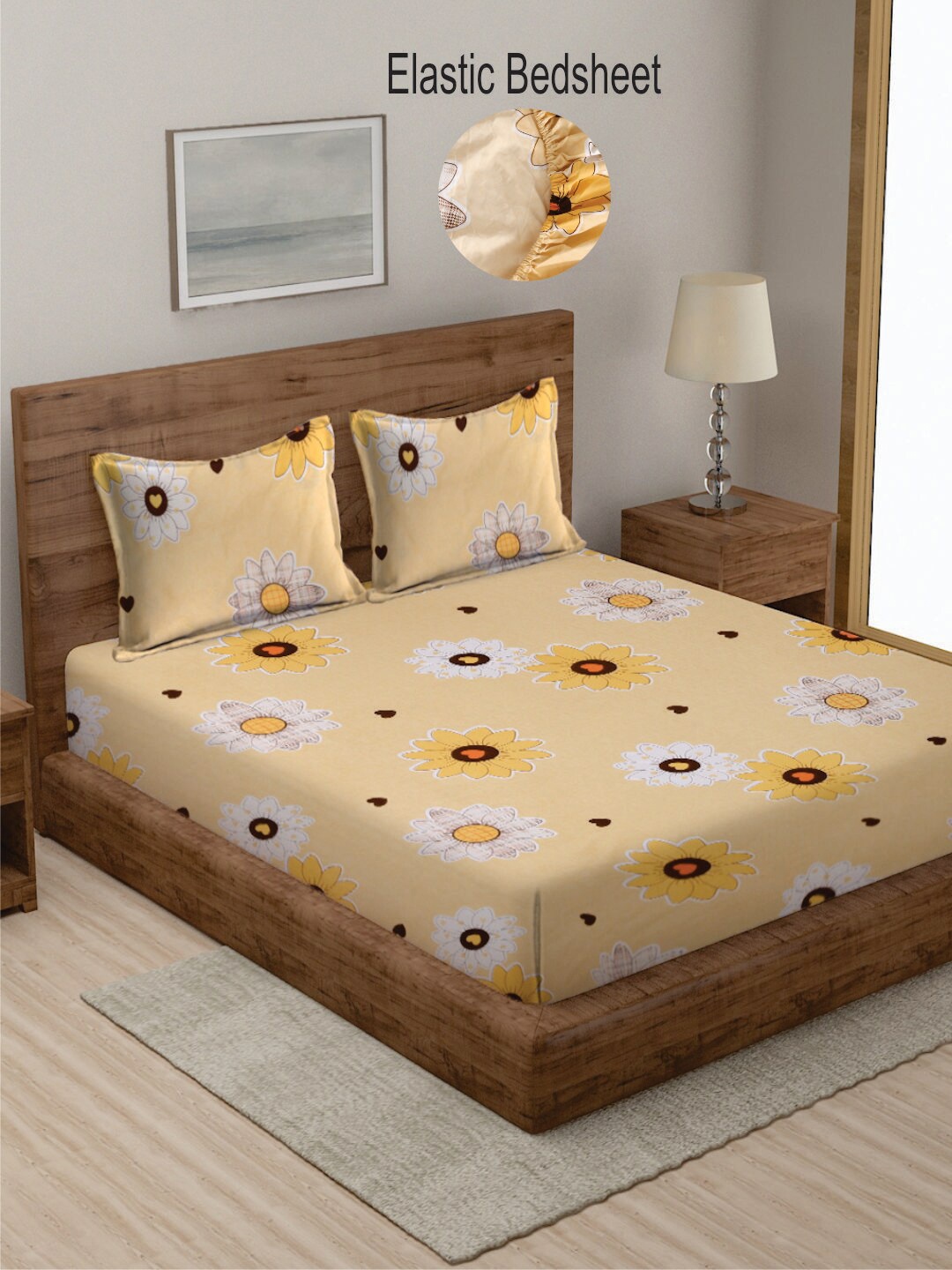 

KLOTTHE Beige & White Floral 300 TC Fitted King Bedsheet with 2 Pillow Covers