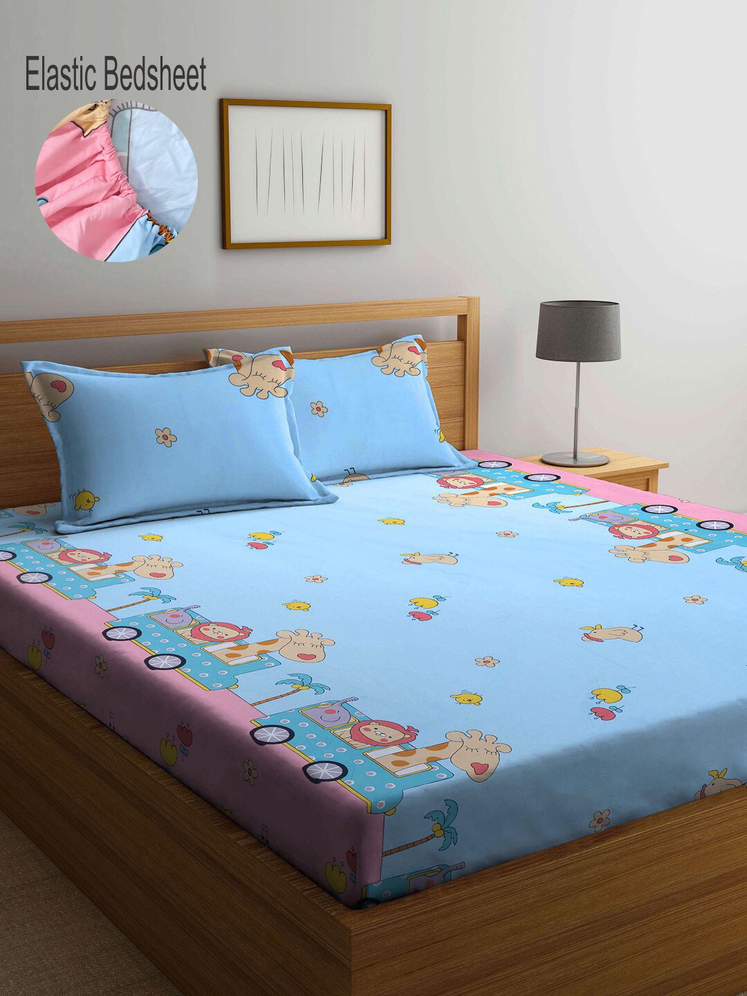 

KLOTTHE Kids Printed 300 TC Fitted King Bedsheet with 2 Pillow Covers, Blue