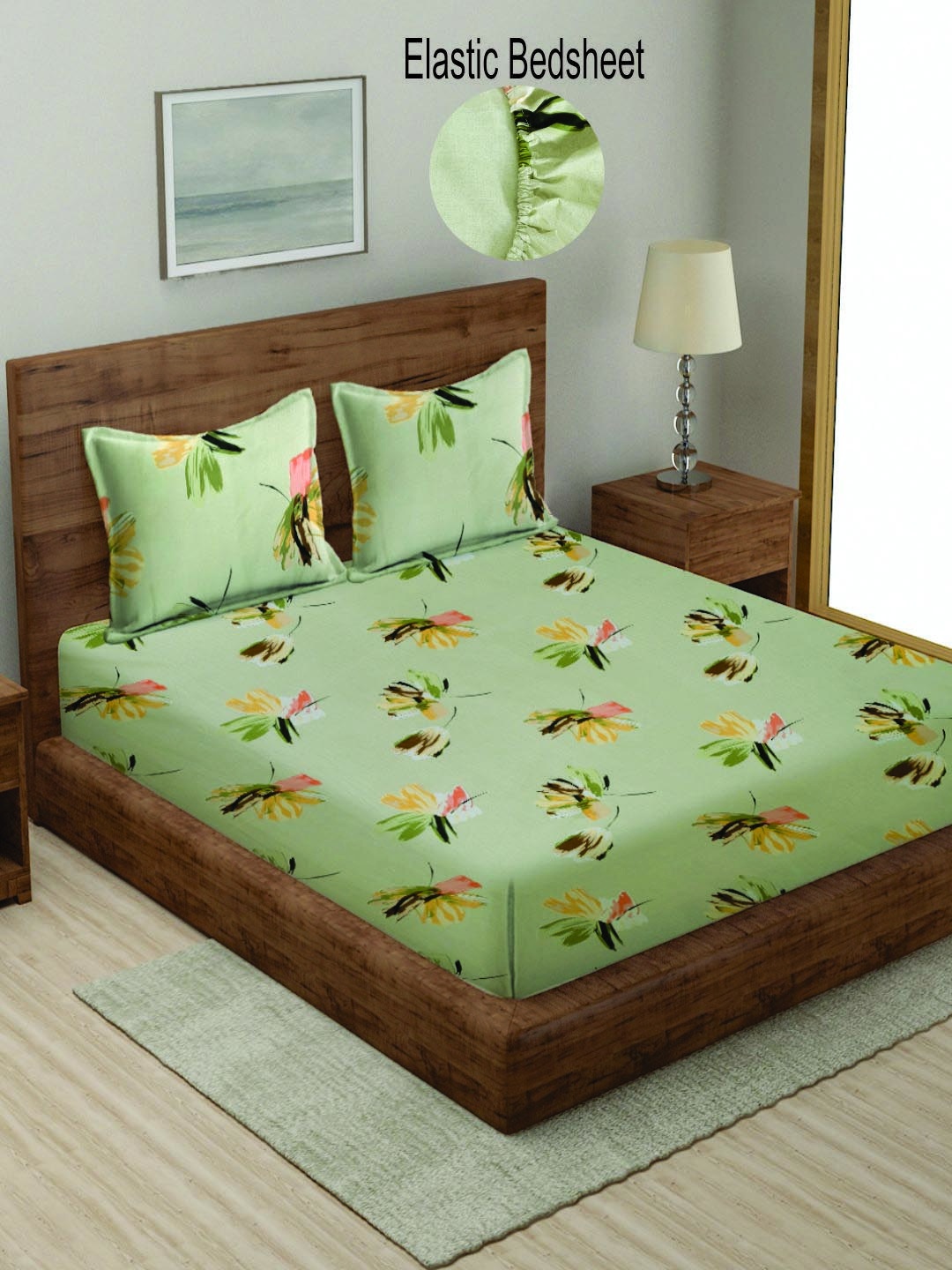 

KLOTTHE Green & Mustard Floral 300 TC Fitted King Bedsheet with 2 Pillow Covers
