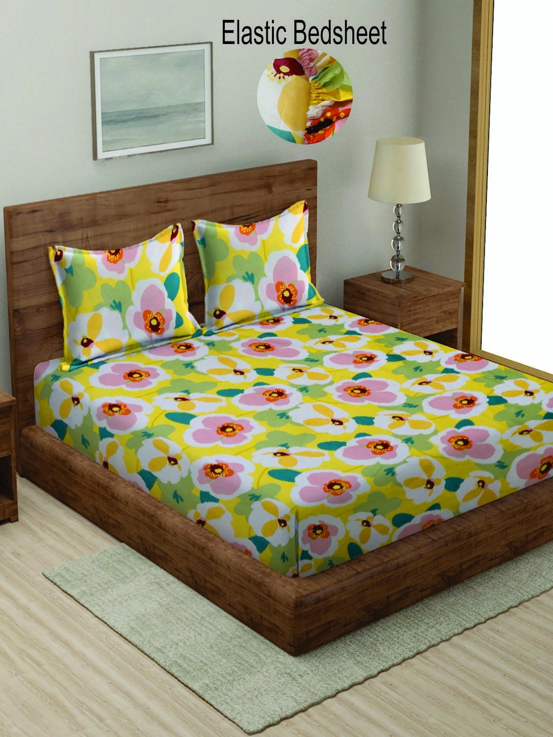 

KLOTTHE Floral Print 300 TC Fitted King Bedsheet with 2 Pillow Covers, White