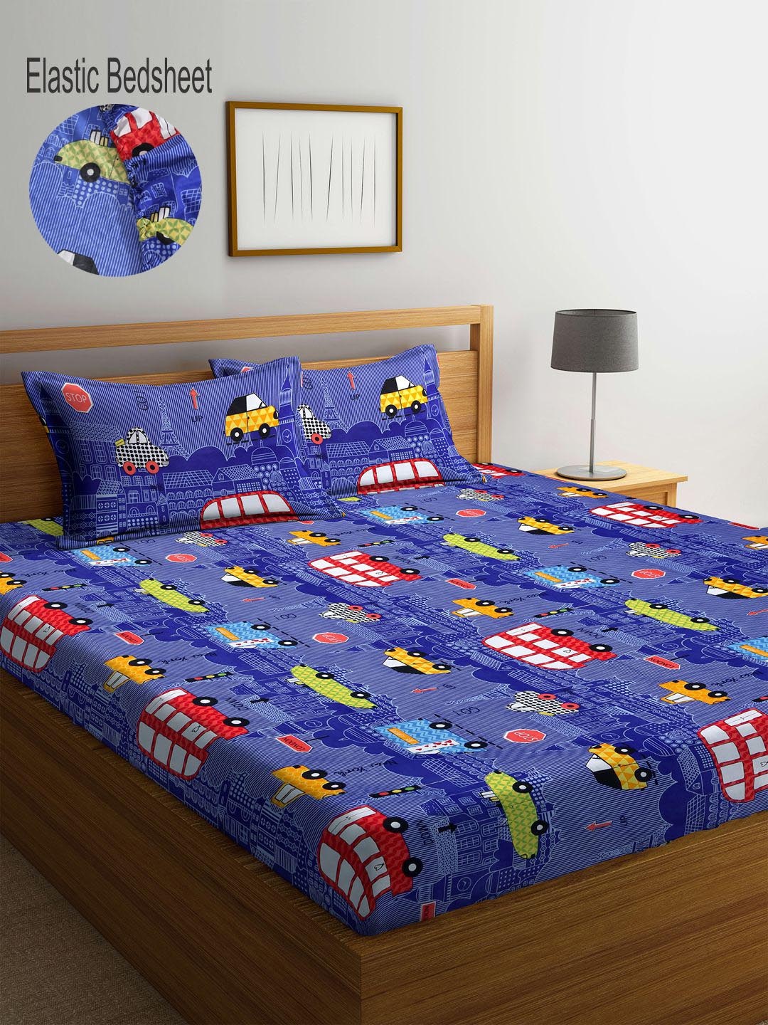 

KLOTTHE Blue & Red Cartoon Characters 300 TC Fitted King Bedsheet with 2 Pillow Covers