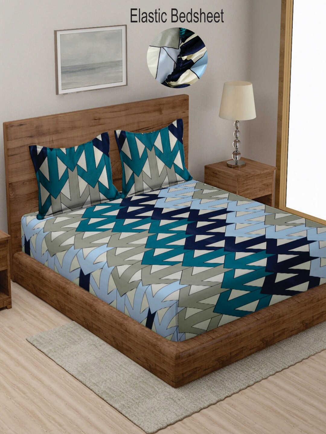 

KLOTTHE Geometric Print 300 TC Fitted King Bedsheet with 2 Pillow Covers, Green