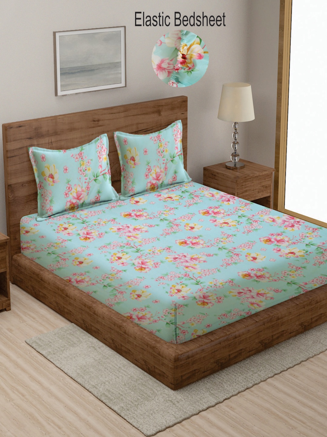

KLOTTHE Floral Print 300 TC Fitted King Bedsheet with 2 Pillow Covers, Green