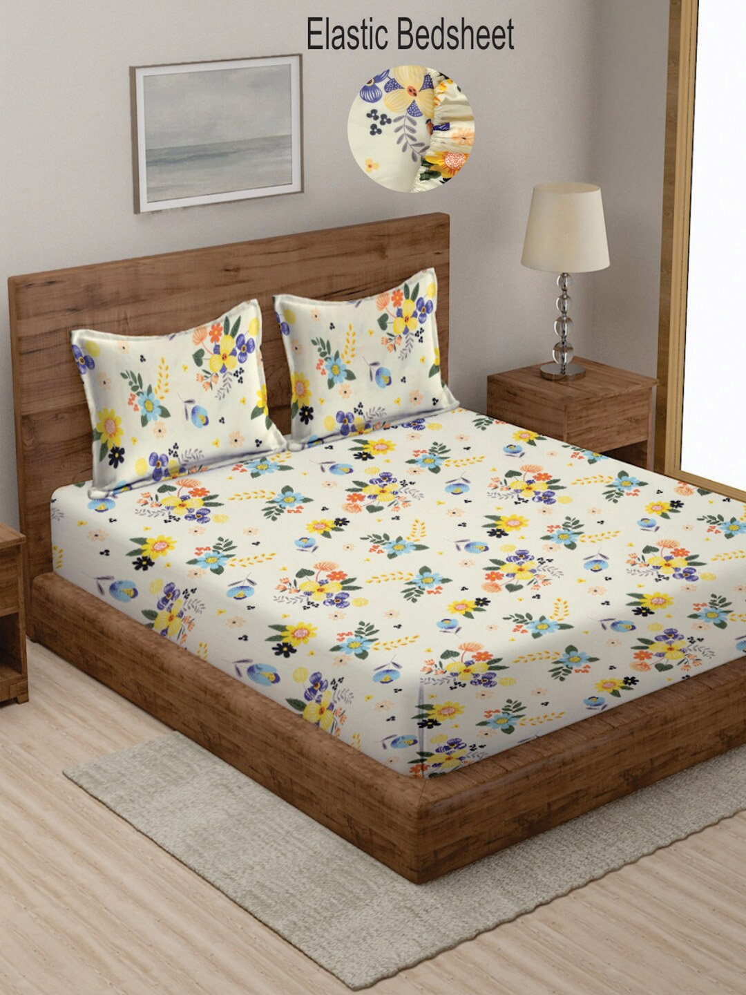 

KLOTTHE White & Green Floral 300 TC Fitted King Bedsheet with 2 Pillow Covers