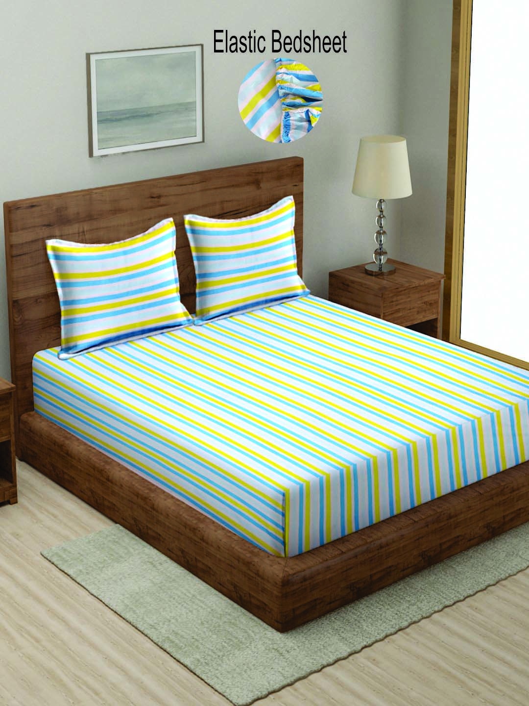 

KLOTTHE Blue & White Striped 300 TC Fitted King Bedsheet with 2 Pillow Covers