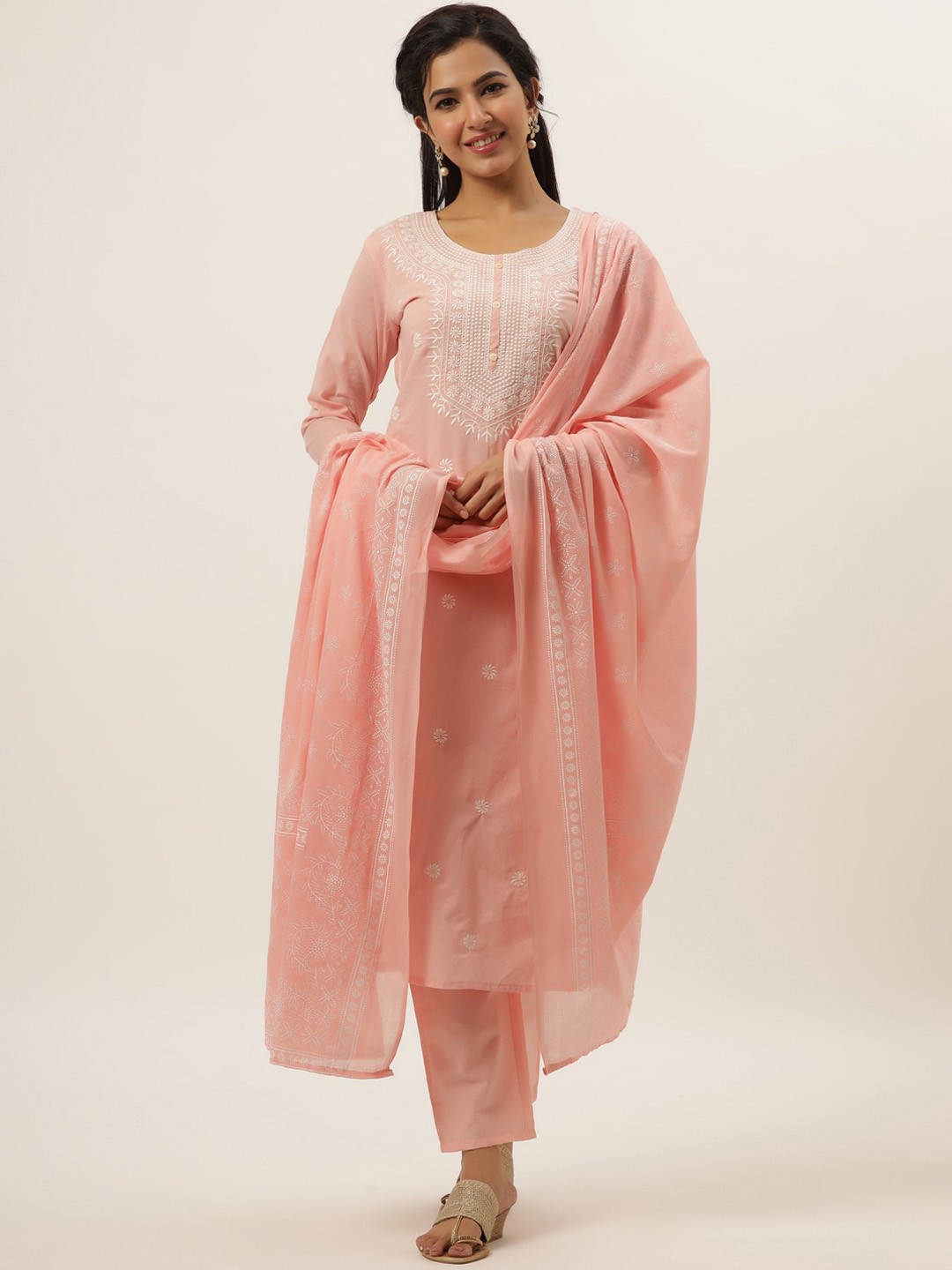 

DIVYANK Women Pink Floral Embroidered Pure Cotton Kurta with Trouser & Dupatta