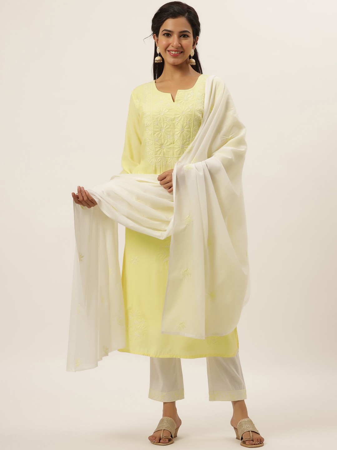 

DIVYANK Women Yellow Floral Embroidered Thread Work Pure Cotton Kurta with Trousers & With Dupatta