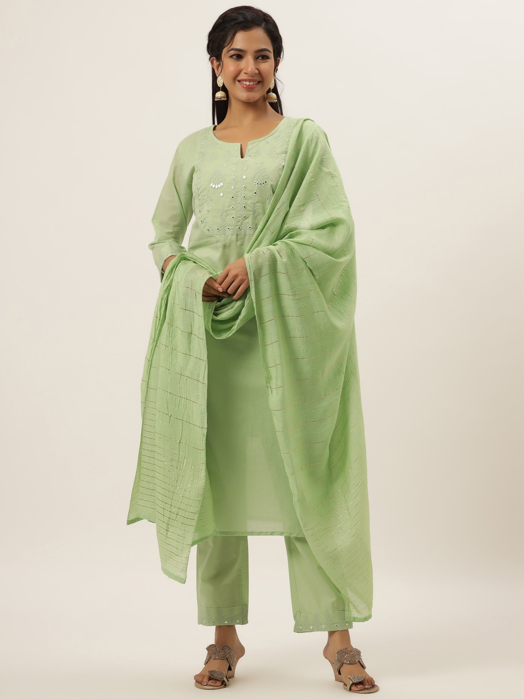 

DIVYANK Women Green Embroidered Layered Thread Work Pure Cotton Kurti with Trousers & With Dupatta