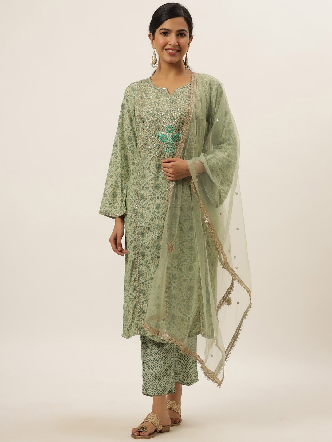 

DIVYANK Women Green Embroidered Sequinned Printed Kurta with Trousers & Dupatta