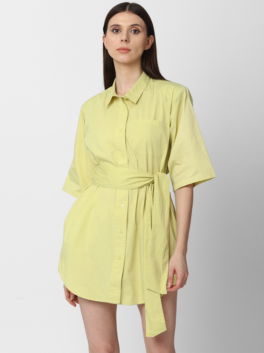 

FOREVER 21 Yellow Solid Mini Shirt Dress