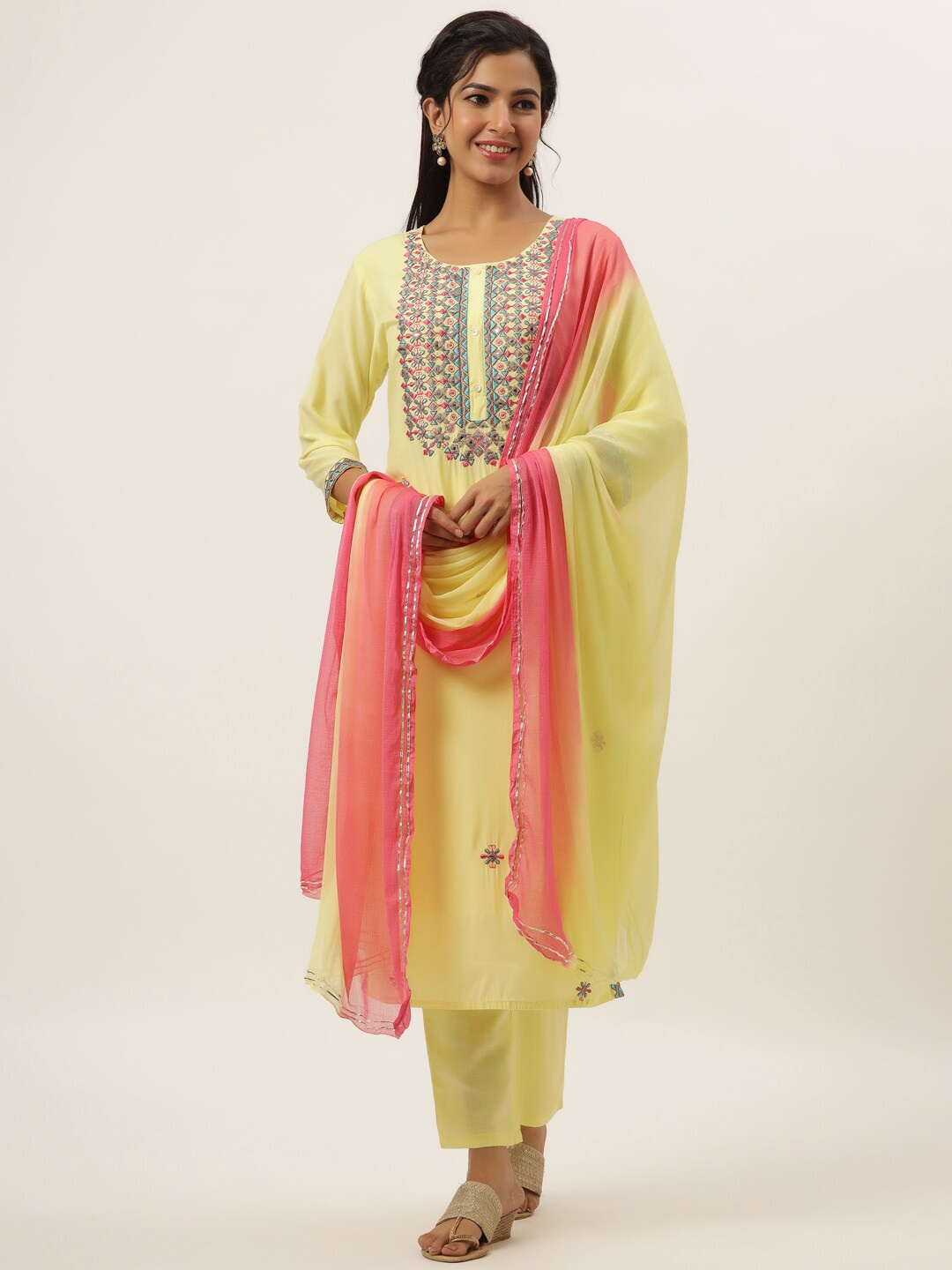 

DIVYANK Women Yellow Ethnic Motifs Embroidered Thread Work Kurta with Trousers & With Dupatta