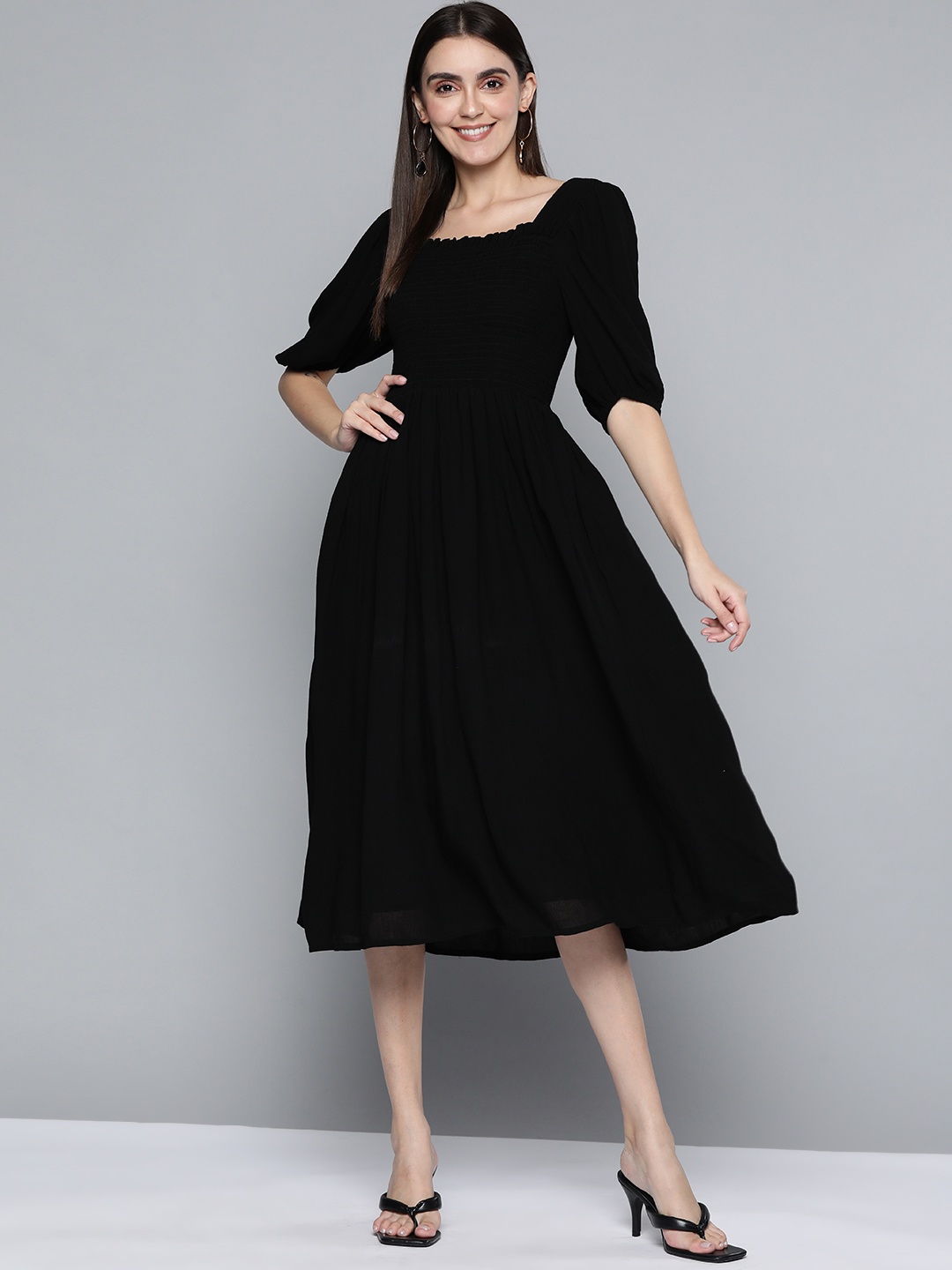 

Femella Women Black Smocked A-Line Midi Dress