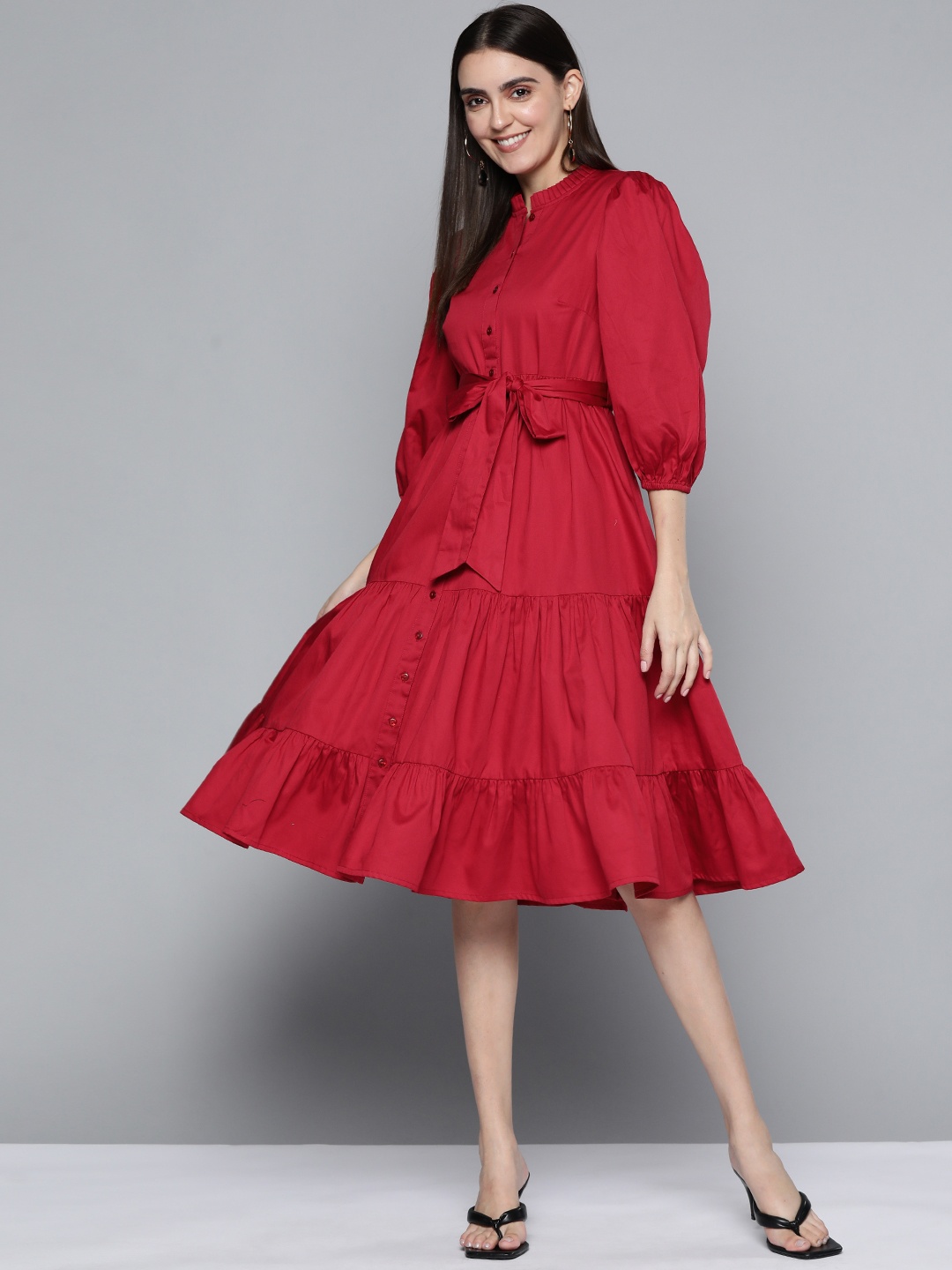 

Femella Women Red Solid Pure Cotton Tiered A-Line Dress with Belt