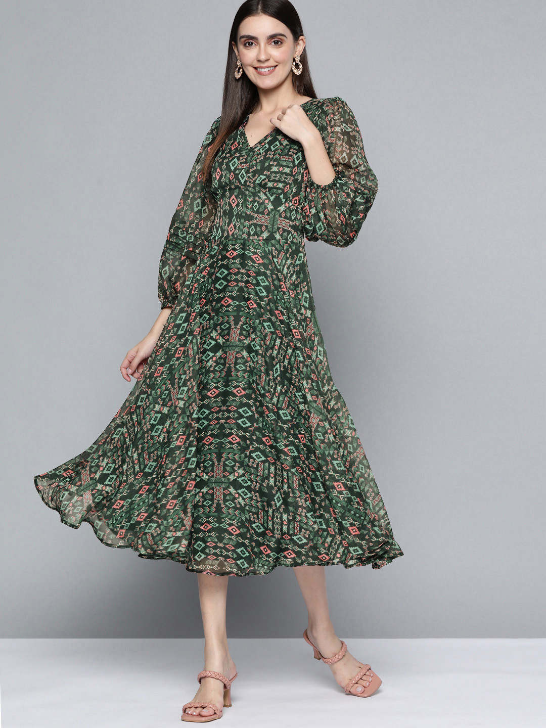 

Femella Woven Green Geometric Print A-Line Maxi Dress