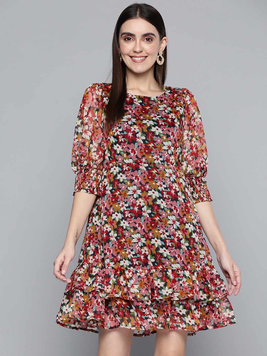 

Femella Navy Blue & White Floral Printed A-Line Mini Dress