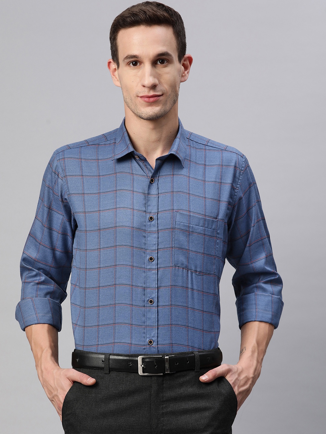 

MANQ Men Blue Smart Grid Tattersall Checks Checked Formal Shirt