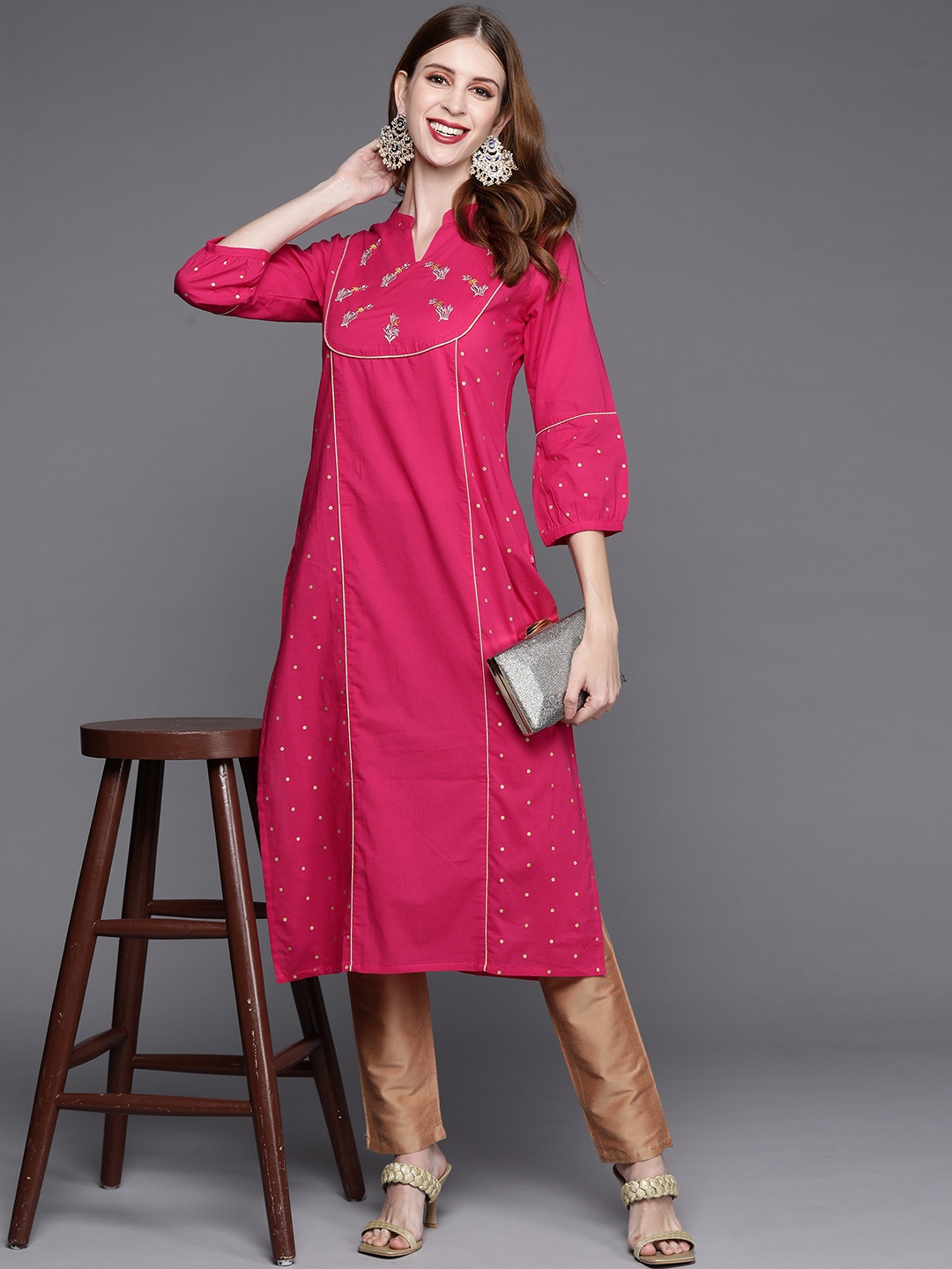 

Varanga Women Pink & Golden Ethnic Motifs Embroidered Yoke Design Pure Cotton Kurta