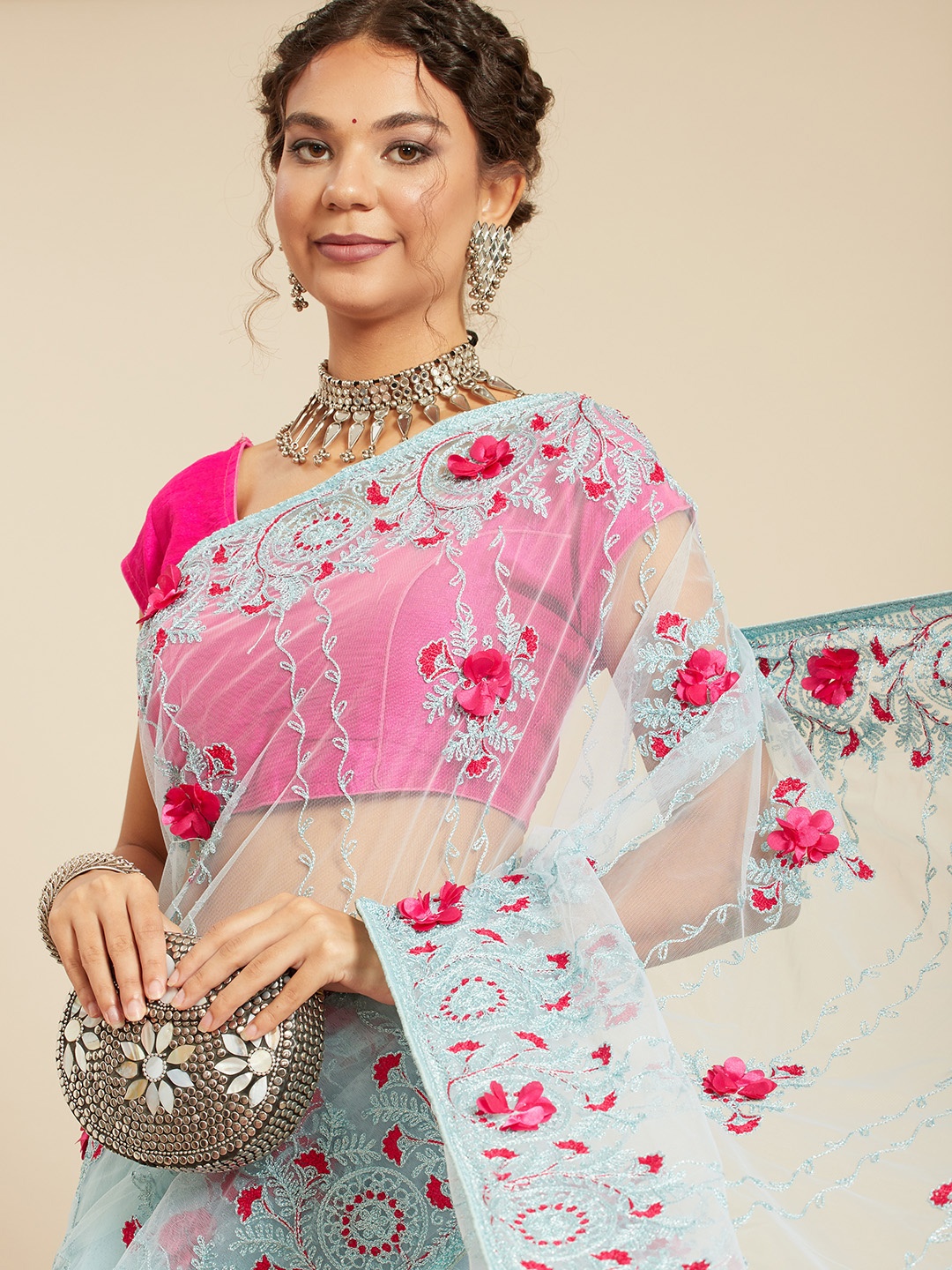 

all about you Turquoise Blue & Pink Floral Embroidered Net Saree