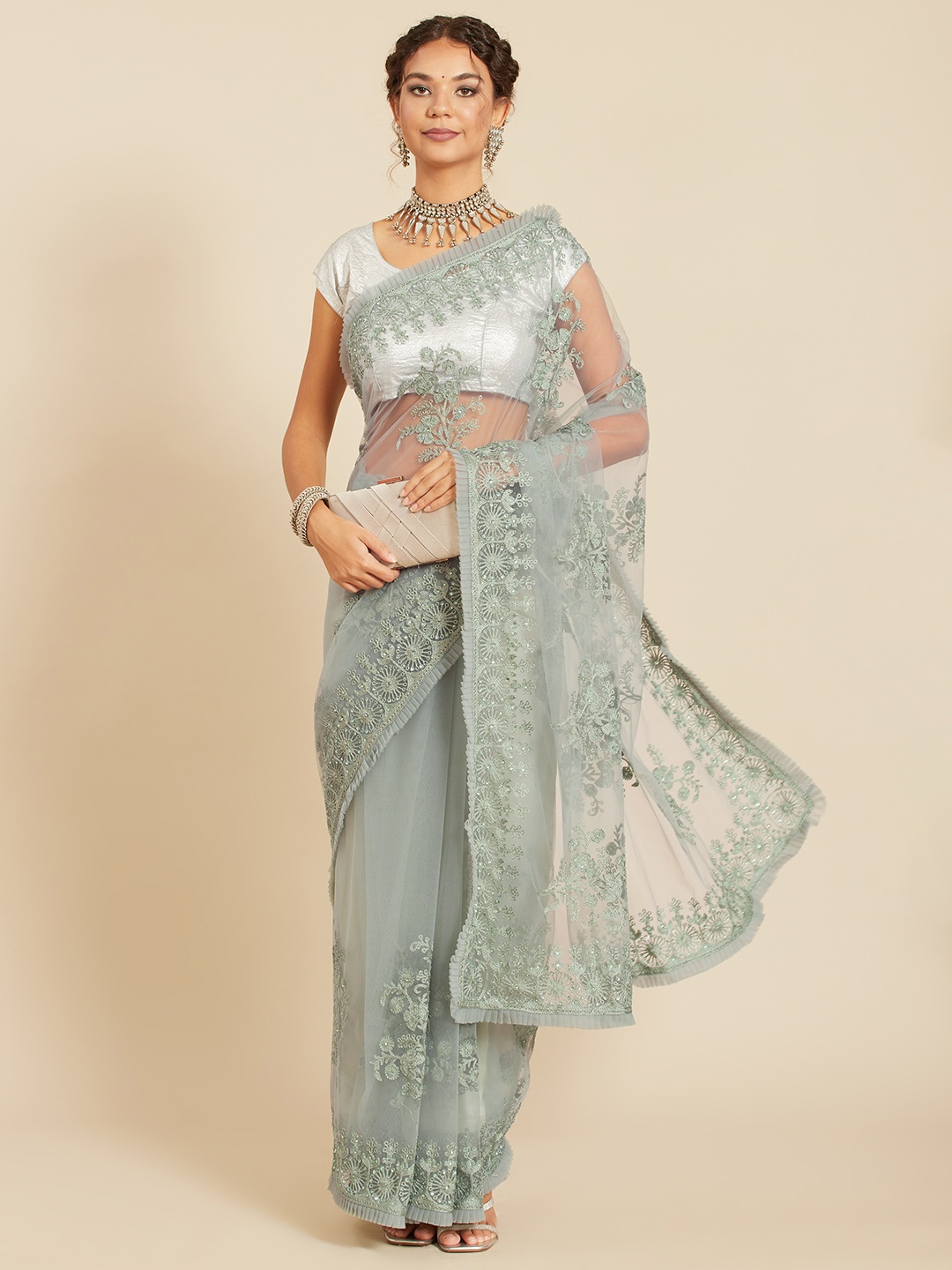 

all about you Green Floral Beads and Stones Net Heavy Work Saree